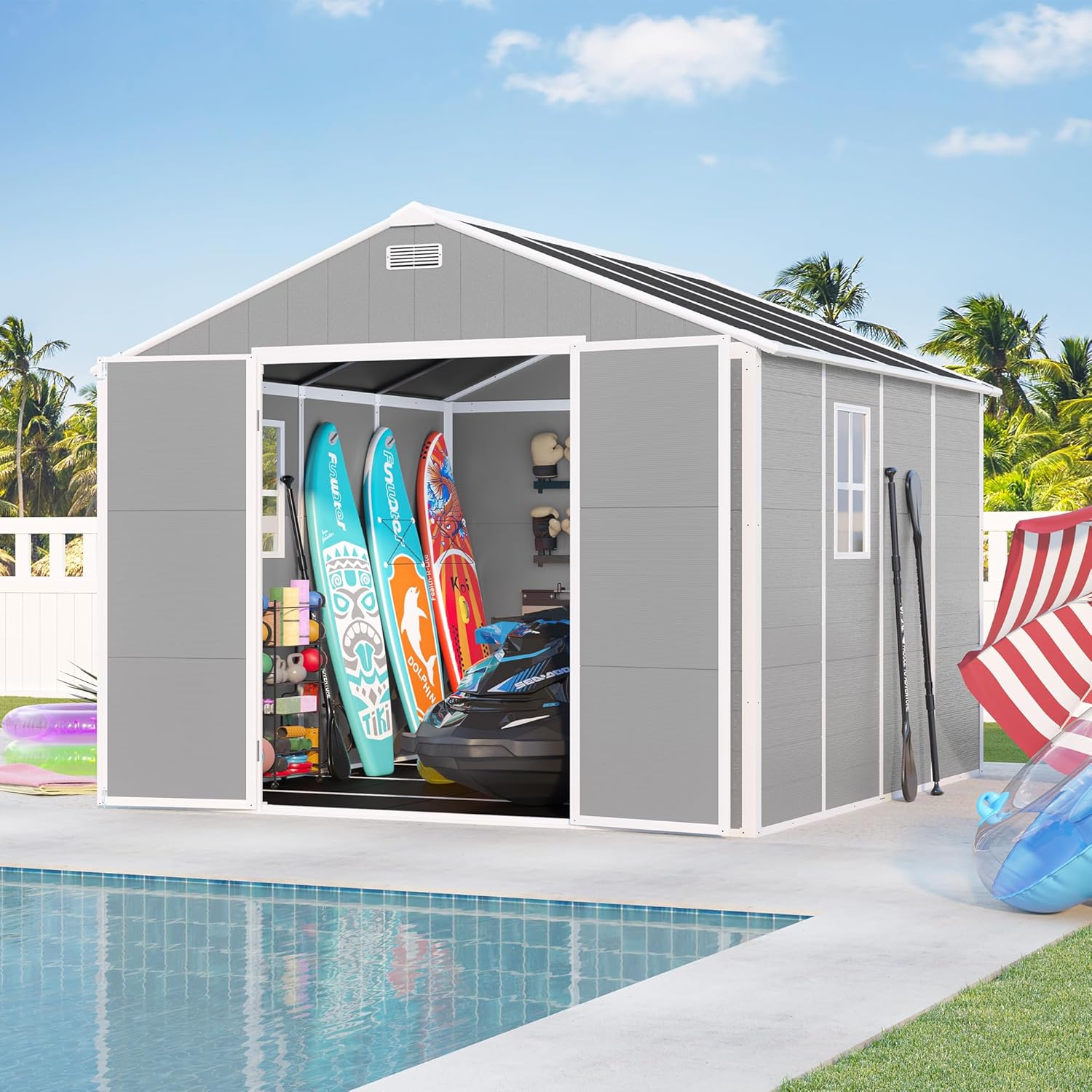 Resin Storage Shed 8x8 ft, Outdoor Storage Sheds with Floor, Window, Lockable Doors and Vents, 12mm Thick pp Board, Waterproof Garden Shed for Backyard Patio (Grey, 8 * 8ft)