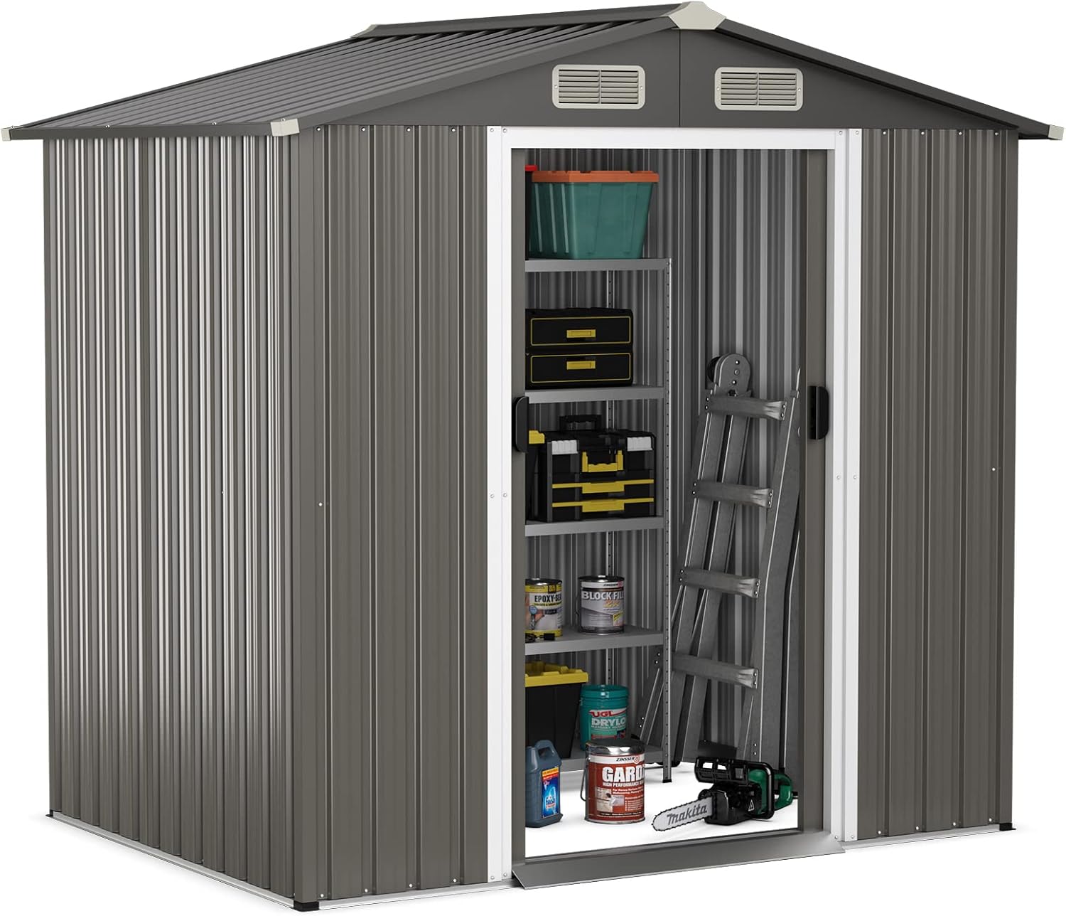 Giantex Outdoor Storage Shed 6 x 4 FT, Double Sliding Door, 4 Front and Back Vent, Galvanized Metal Garden Storage Room, Weather Resistant Tool Storage Shed for Backyard Patio Lawn (Gray)