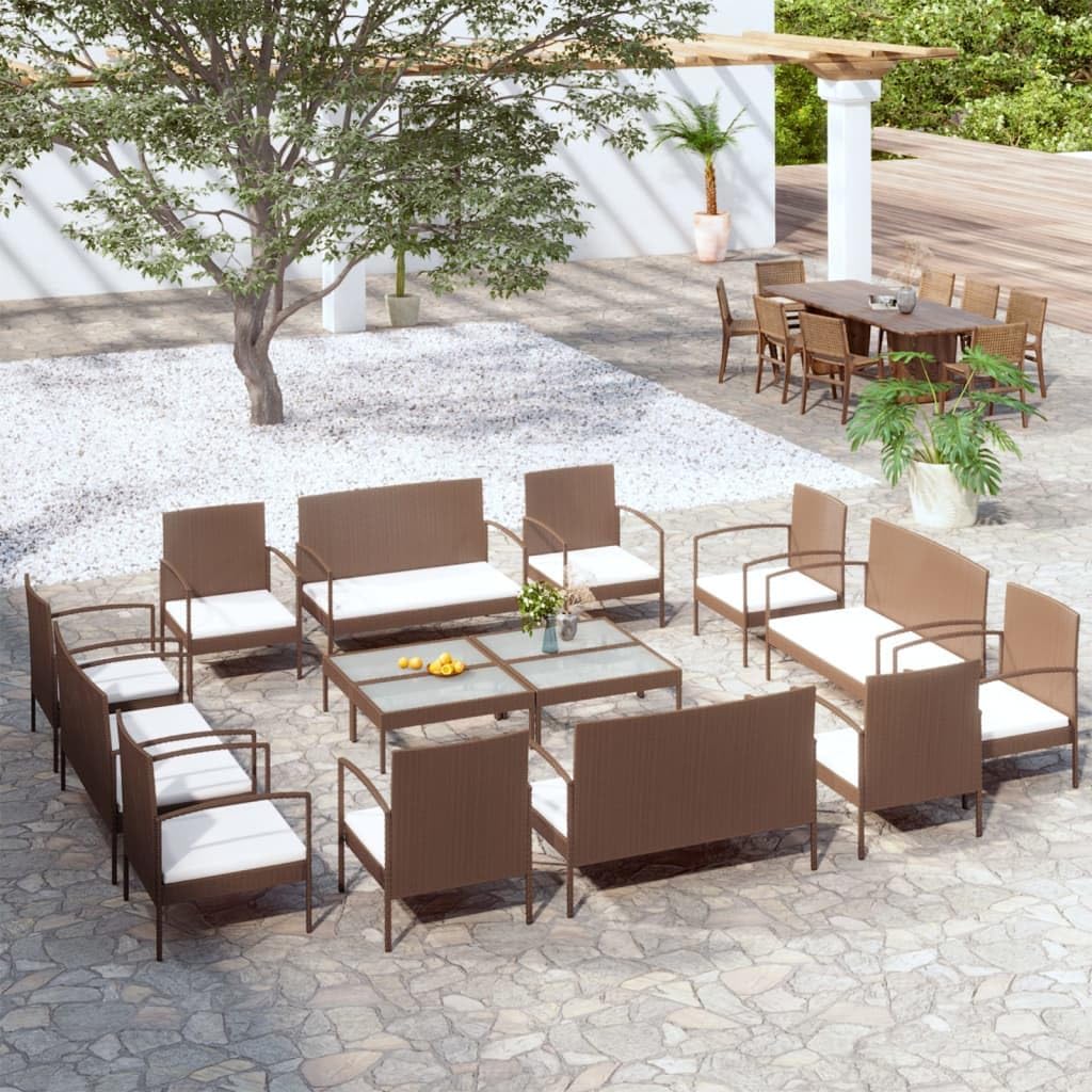 16 Piece Patio Lounge Set with Cushions Poly Rattan Brown,Elegant Poly Rattan Patio Lounge Set with Cream White Cushions for Outdoor Relaxation Patio Furniture Sets, Outdoor Furniture Sets