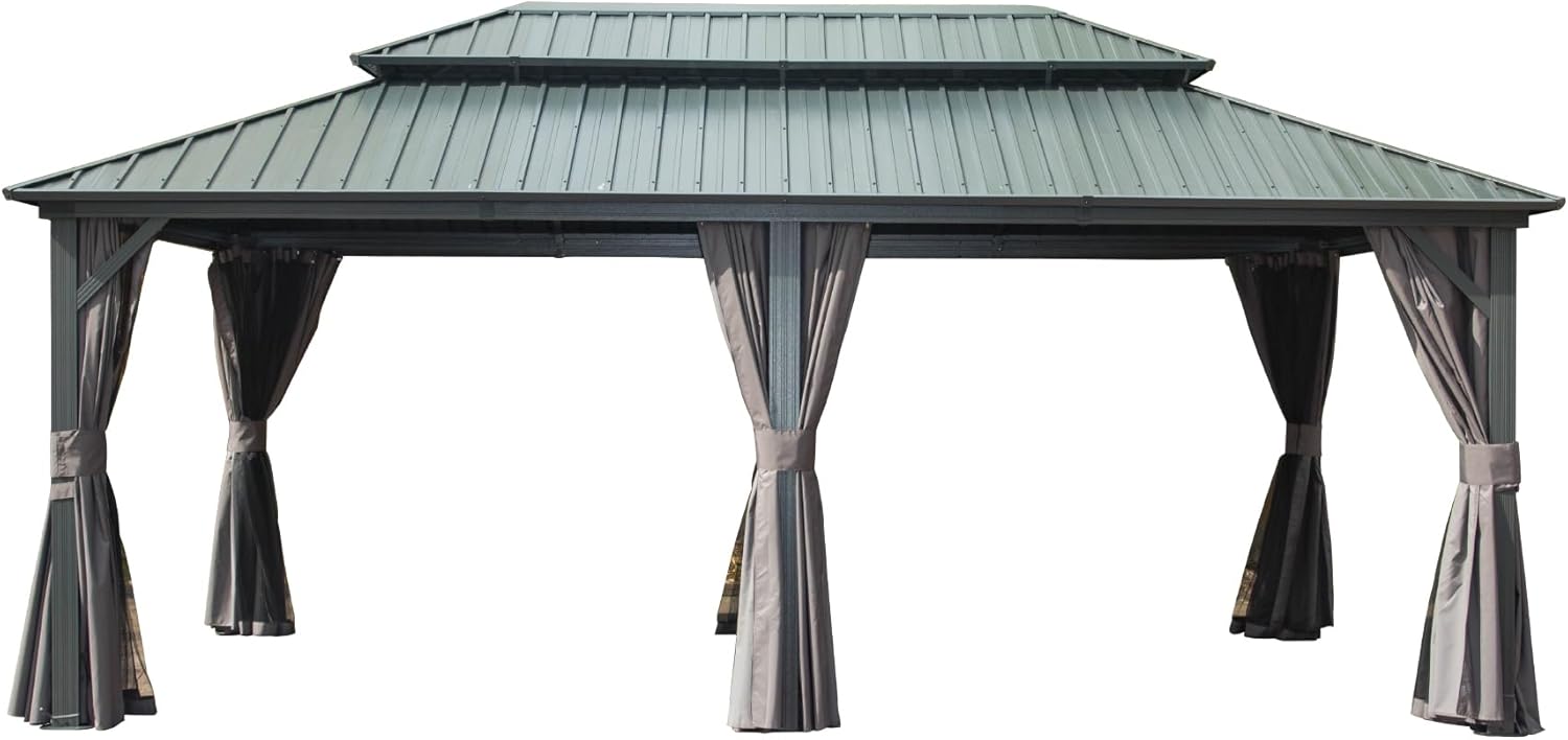 12x20 Inches Hardtop Aluminum Canopy with Galvanized Steel Roof, Double Layer Permanent Shelter for Patio, Backyard, Deck, Lawn – Includes Curtain Netting (Gray)