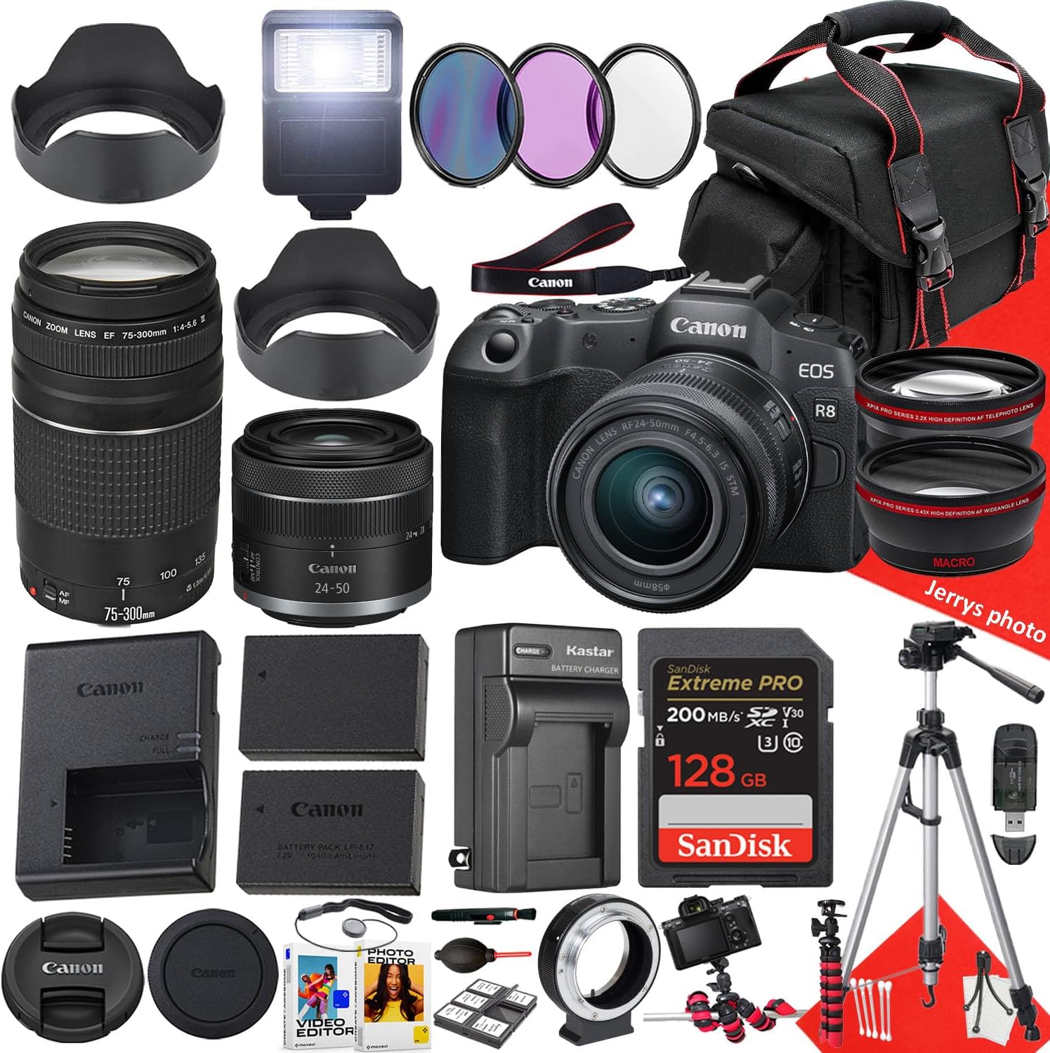 Canon EOS R8 Mirrorless Camera with 24-50mm and 75-300mm Lens + 128 GB Memory + Hood + Spare Travel Charger + Filters + Tripod + More (32pc Bundle), Black (Renewed)