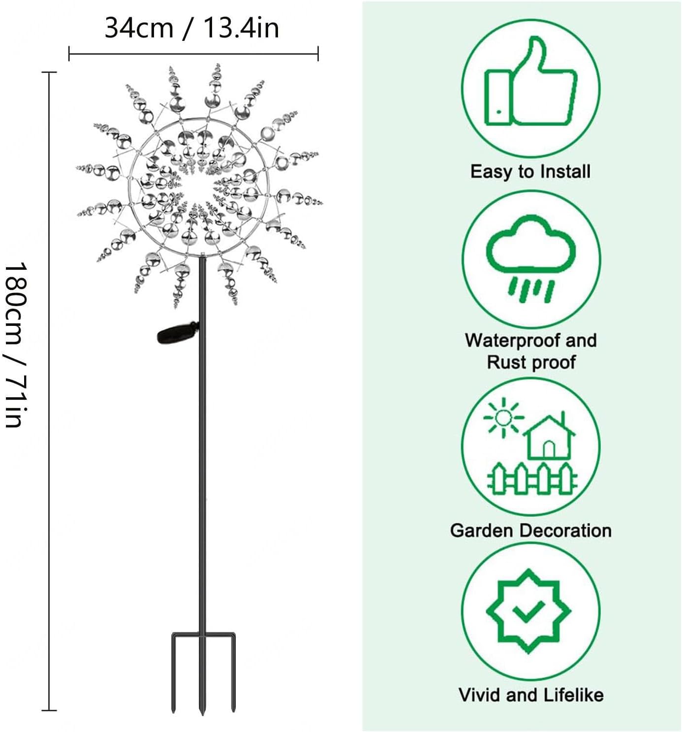 Solar Magical Windmill, Wind Powered Kinetic Sculpture 360° Wind with Kinetic, 13.4 x 71in Metal Windmill Spinner,Gold