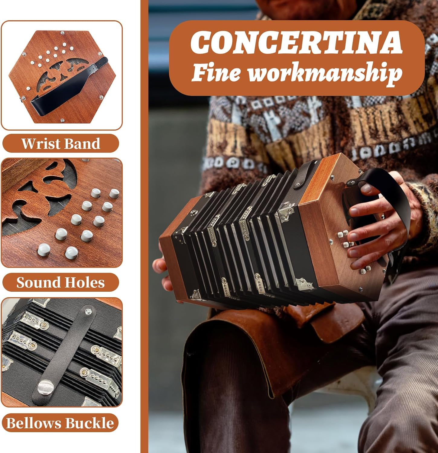 Concertinas,20-key accordion for adults, professional accordion for beginners, adjustable hand straps, instrument accessories (WOOD)