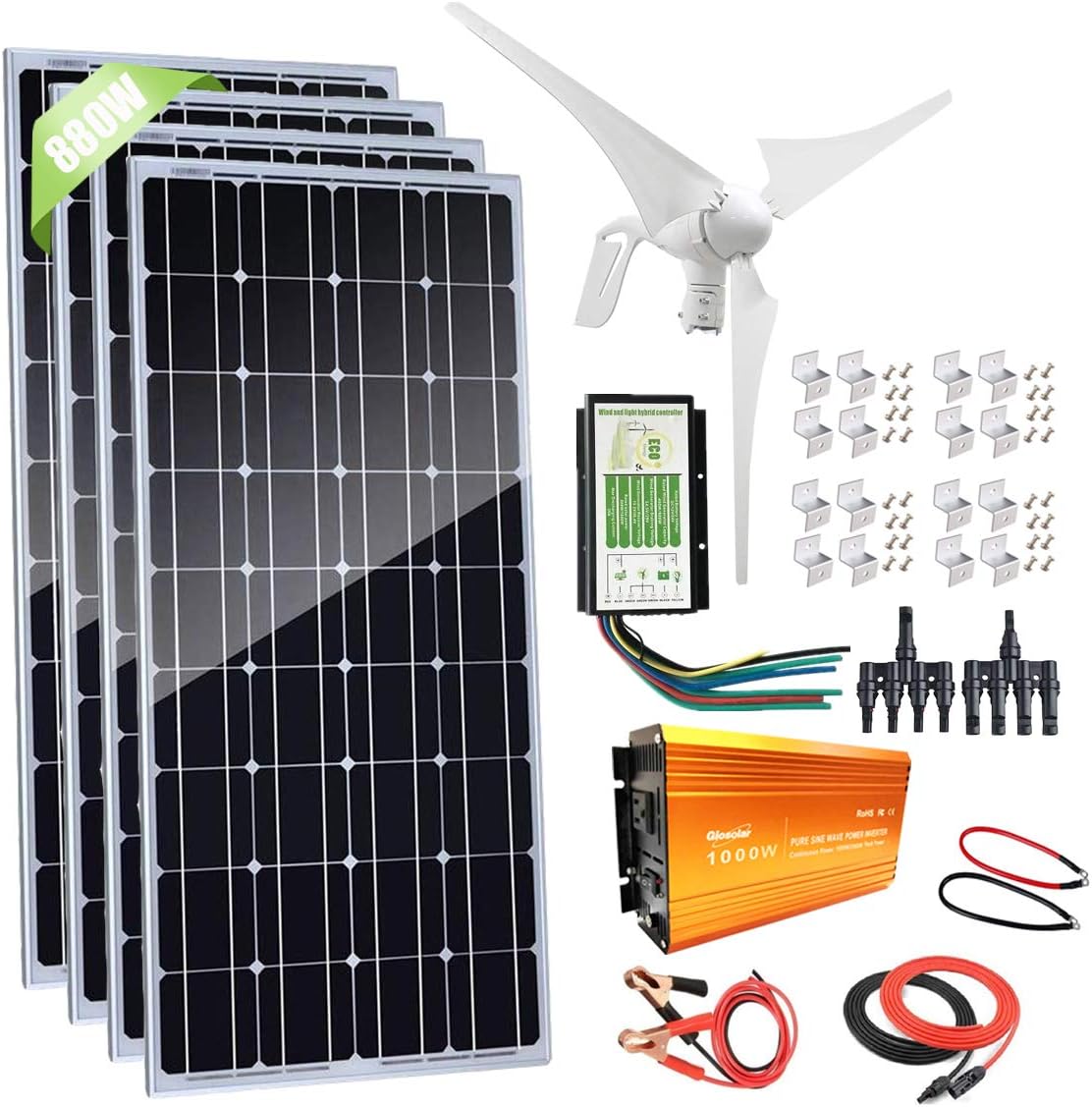 880W Solar & Wind Power Kits Home Off-Grid System for Charging 12V 24V Battery：400W Wind Turbine Generator + 480W Mono Solar Panel + Hybrid Charge Controller+1000W Inverter+Accessory
