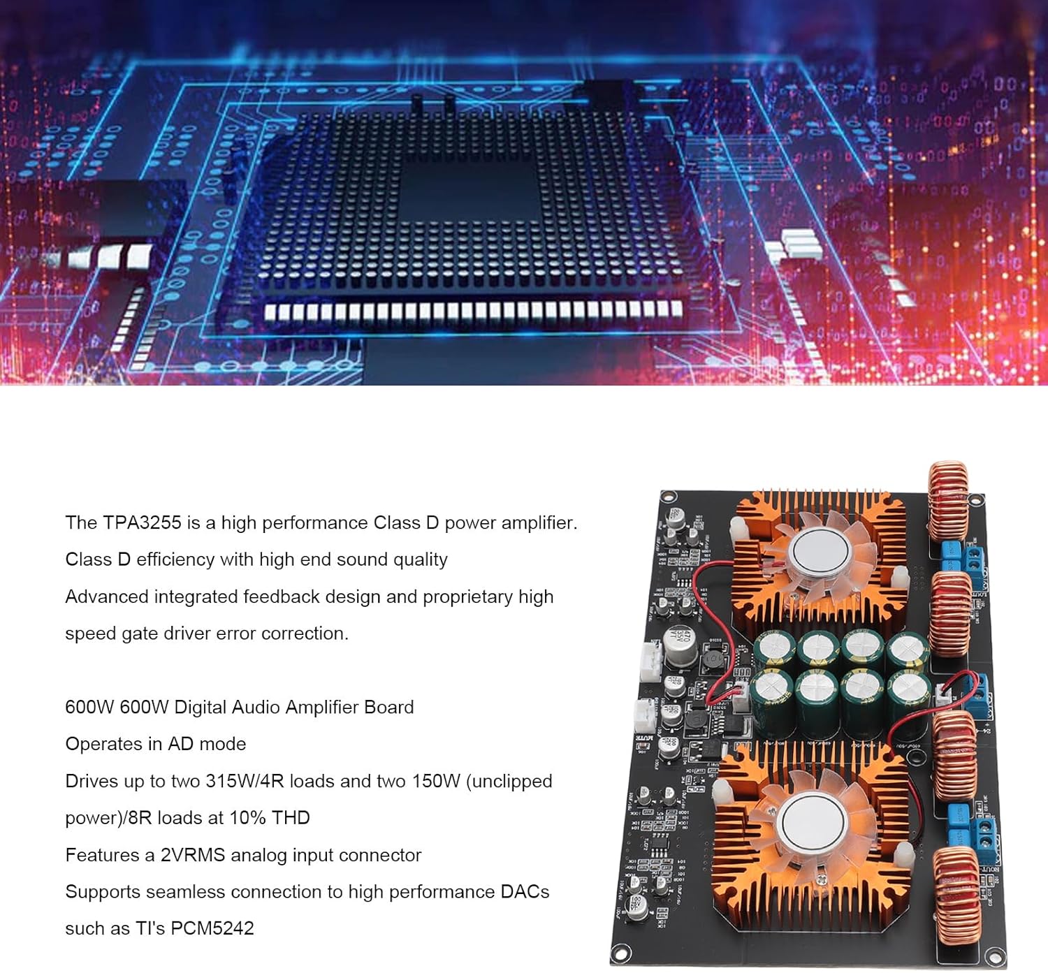 TPA3255 Power Amplifier Board, Digital Stereo Amplifier Board, Dual Core Class D High Power 600W 600W DIY Audio Power Amp Module for Home Theater
