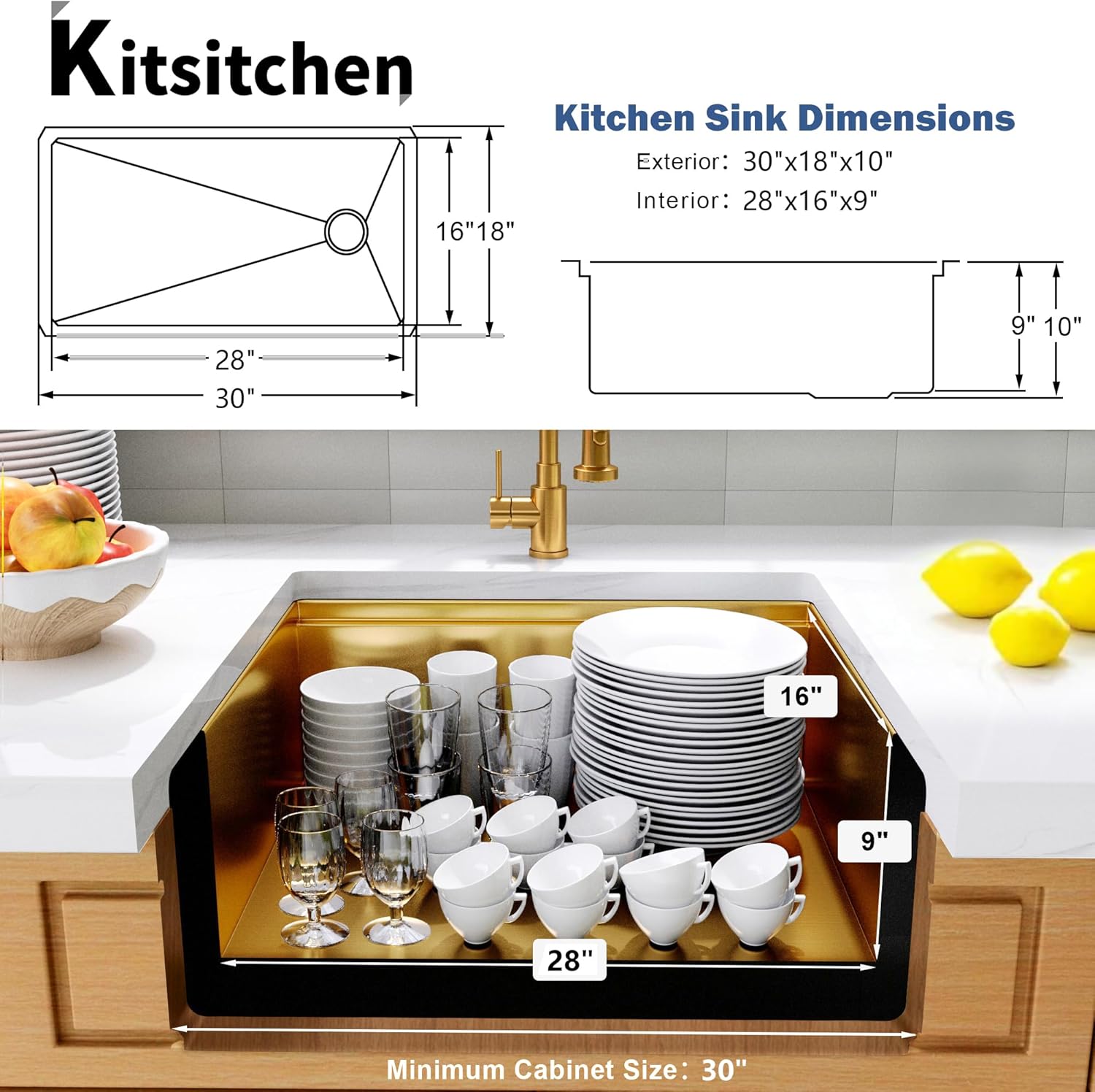 Kitsitchen 30 Inch Gold Undermount Kitchen Sink,16 Gauge Stainless Steel Under Counter Single Bowl Kitchen Sink,10 Inch Deep Workstation Sinks with Abundant Accessories & Offset Drain(30