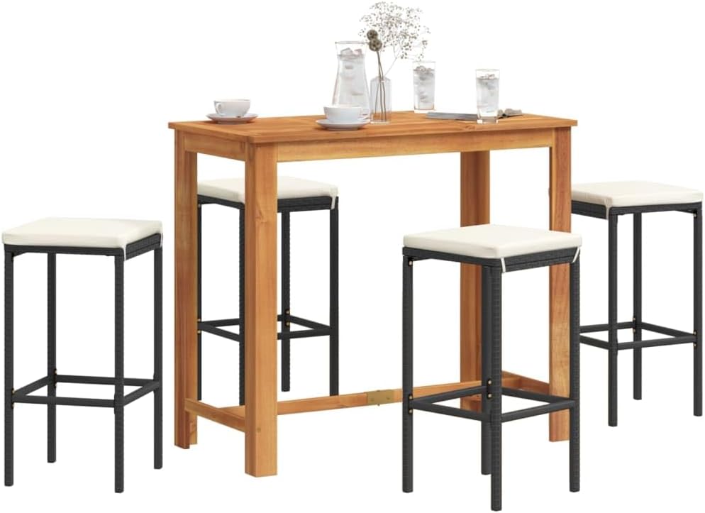 Patio Set 5 Piece Patio Bar Set Black Solid Wood Acacia and Poly Rattan