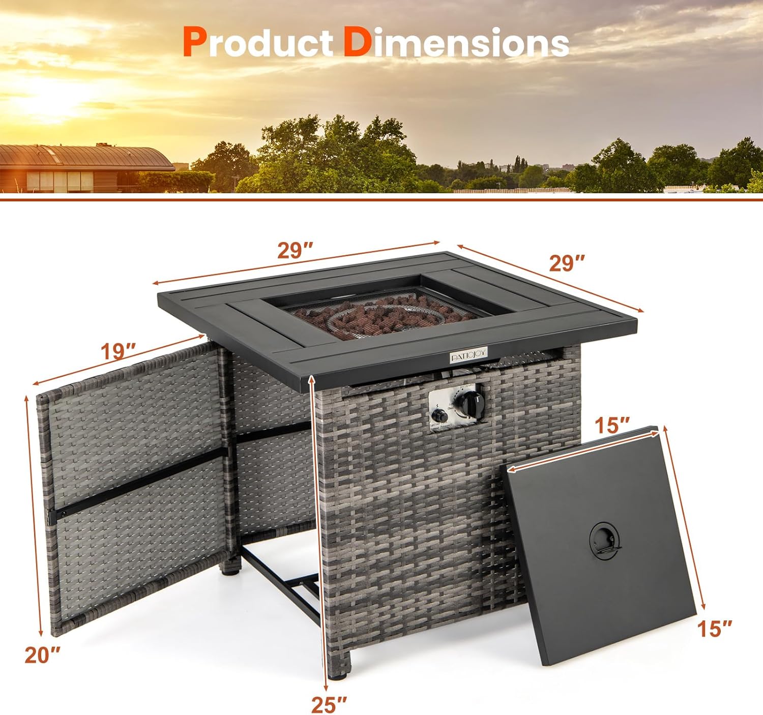 Tangkula 29 Inch Rattan Propane Fire Pit Table, Patiojoy 50,000 BTU Outdoor Square Fire Pit with Lava Rocks & Protective Cover, Heavy-Duty Metal Frame & Top, Patio Fire Table for Backyard, Poolside