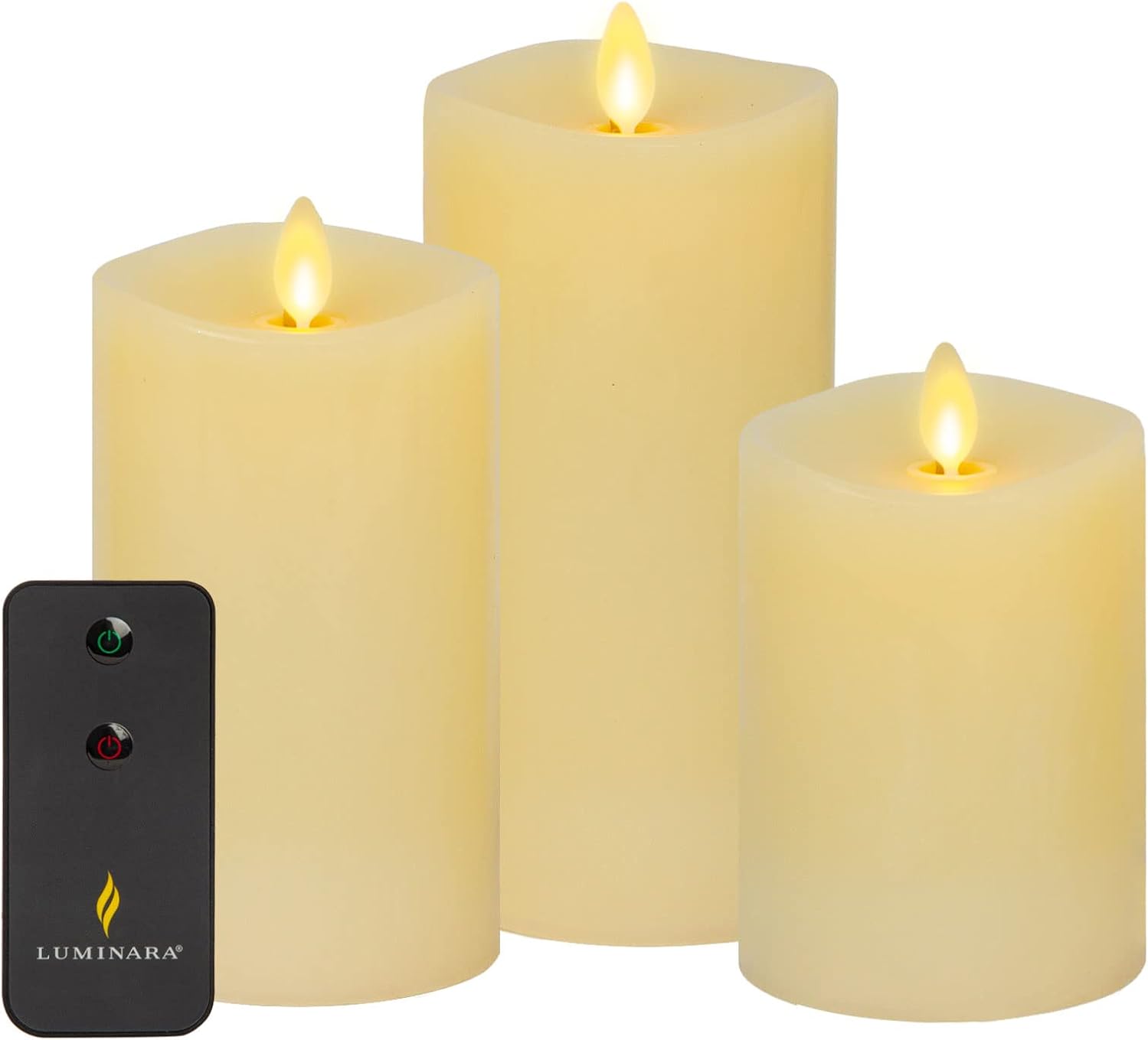 Luminara Realistic Flameless LED Set of 3 Ivory Pillar Candles, Home Safe Moving Flame Melted Top Illumination, Battery Operated Remote Control w/Timer