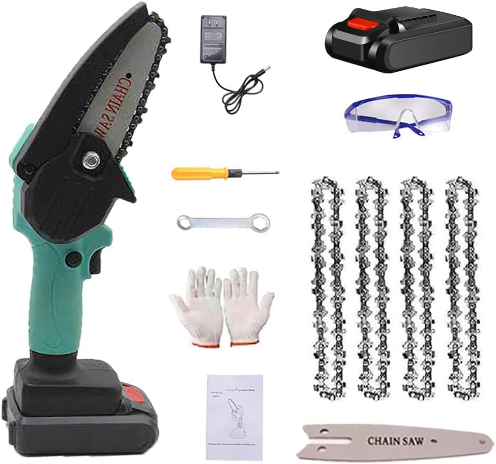 Mini Chainsaw,4 Inch Mini Chainsaw Cordless,One-Hand Chainsaw, Electric Chainsaw,Handheld Mini Chainsaw,Cordless Power Chain Saws with Security Lock (Color : Blue, Battery *1 : 4*Chain)