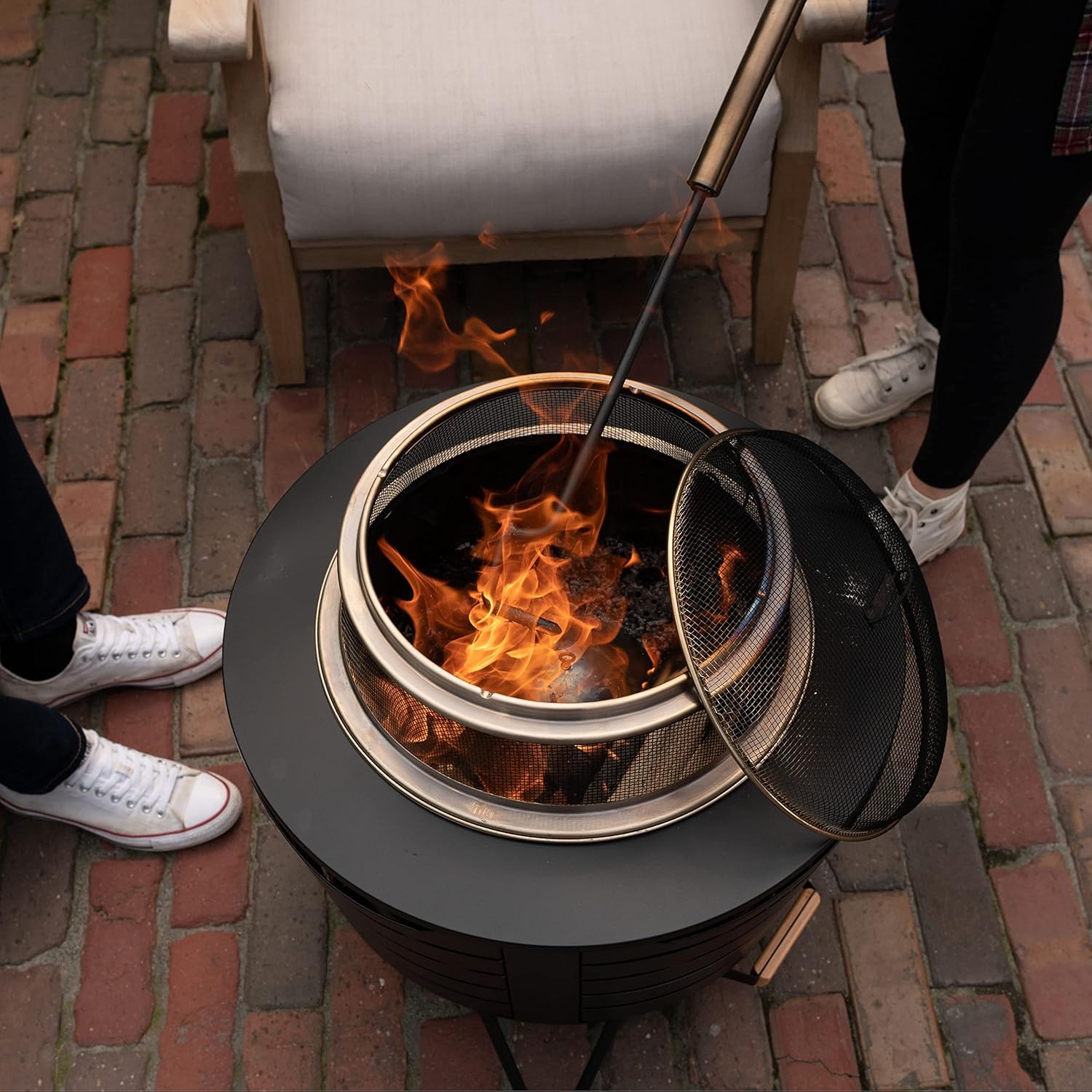 TIKI Patio & Celebration Fire Pit Screen & Poker Set – Outdoor Fire Pit Spark Protector & Ember Guard – Fire Poker Tool for Safe & Controlled Fires – Durable Metal Fire Pit Accessories in Gold & Black