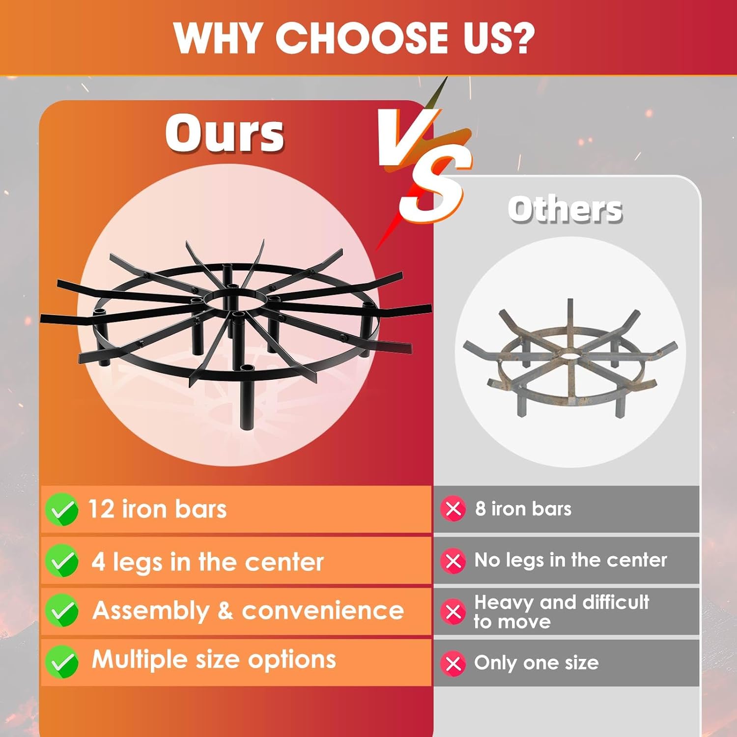 Fire Pit Grate & Fireplace Grate, Heavy Duty Heat Resistant Campfire Grill for Campfires and Outdoor fire pits(Black, 26 in)