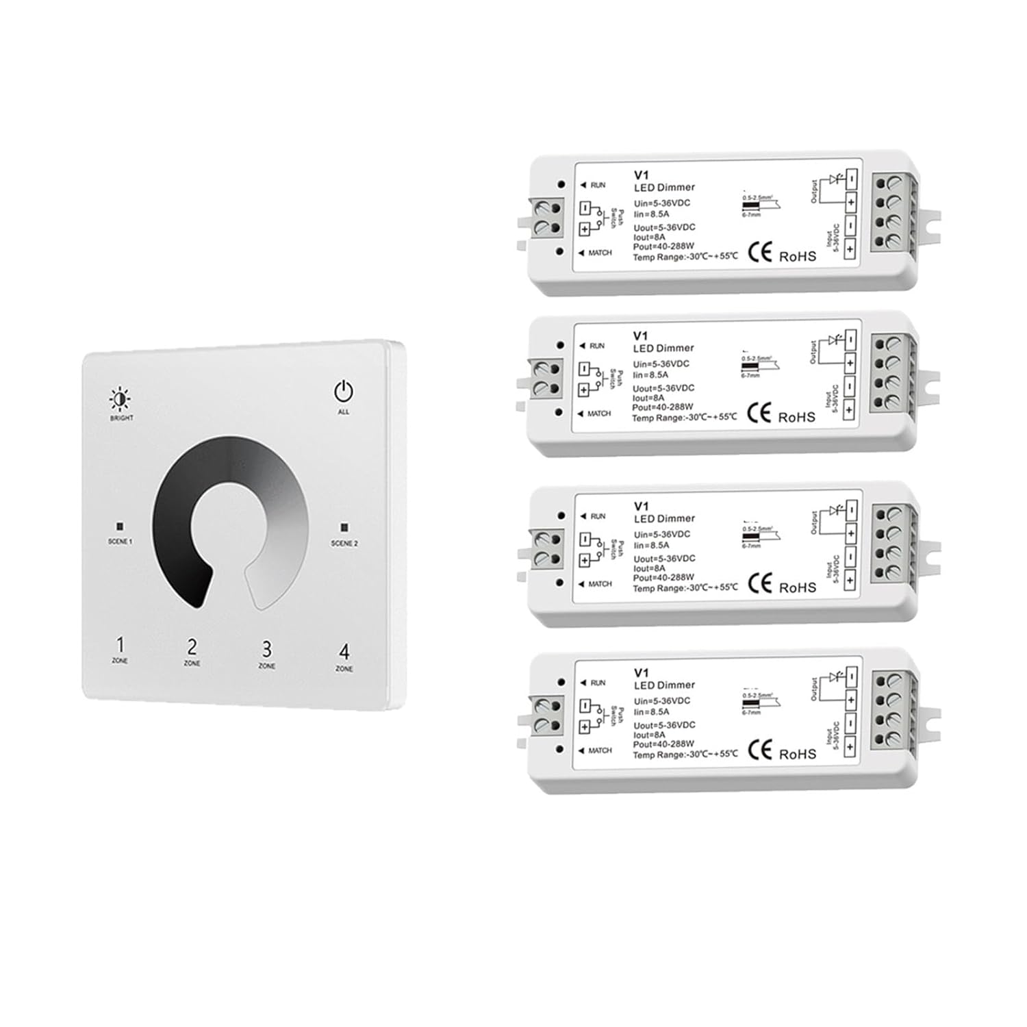 LED Dimmer 1 Channel 12V 24V 4 Zones Single Color LED Light with Remote Control Touch Switch(4pcs V1-1+TW1-4-W KIT)