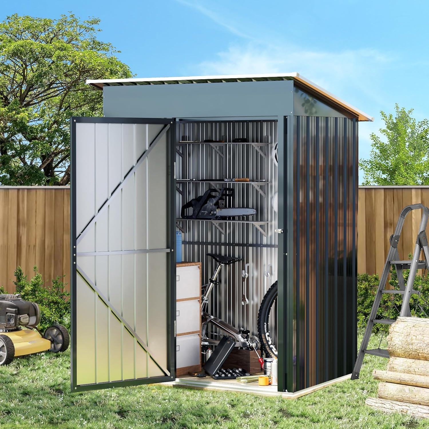 Breezz 5x3FT Vertical Outdoor Steel Storage Shed with Floor Frame, Lockable Doors, Compact Metal Tool Shed for Garden, Backyard, Patio, Utility, and Bike Storage