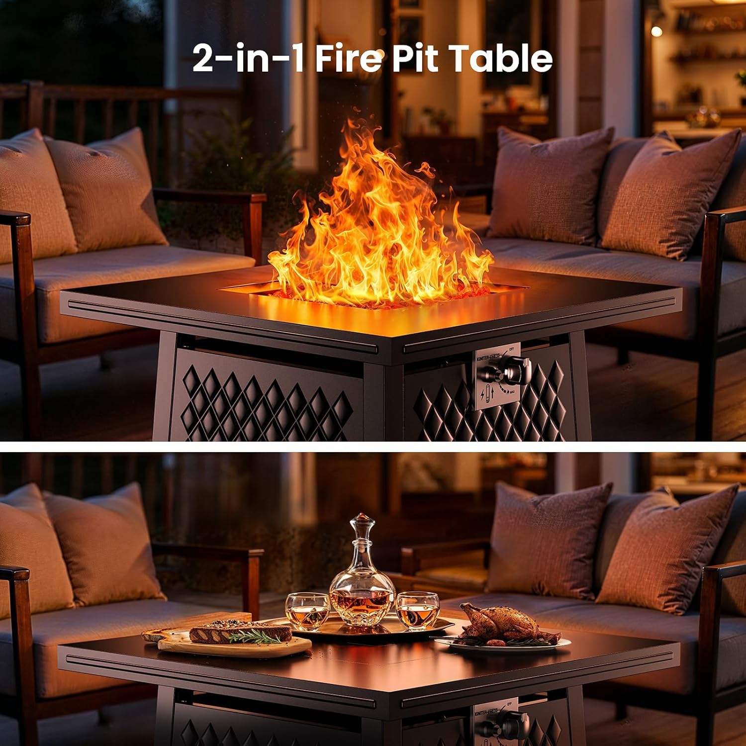 Ciays 32 Inch Propane Fire Pits,50,000 BTU Gas Fire Pit Table for Outsides with Steel Lid and Lava Rock, 2-in-1 Square Fire Table for Gatherings Parties on Patio Deck Garden Backyard, Black
