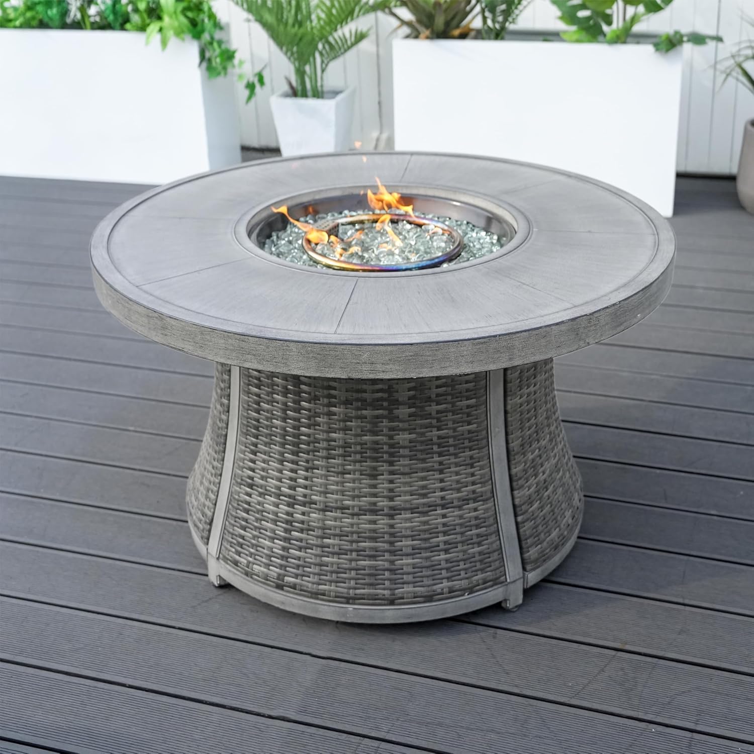 42-Inch Round Gas Fire Pit Table, Aluminum Top with Rattan Base for Outside Patio Backyard Deck Balcony (Grey)