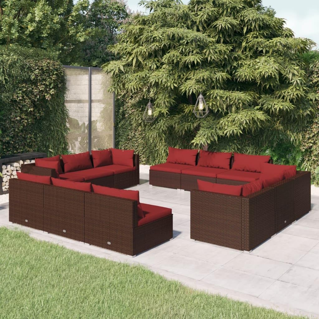 12 Piece Patio Lounge Set with Cushions Poly Rattan Brown,Premium Modular Outdoor Patio Lounge Set with Comfortable Cinnamon Red Cushions Patio Furniture, Outdoor Furniture Sets
