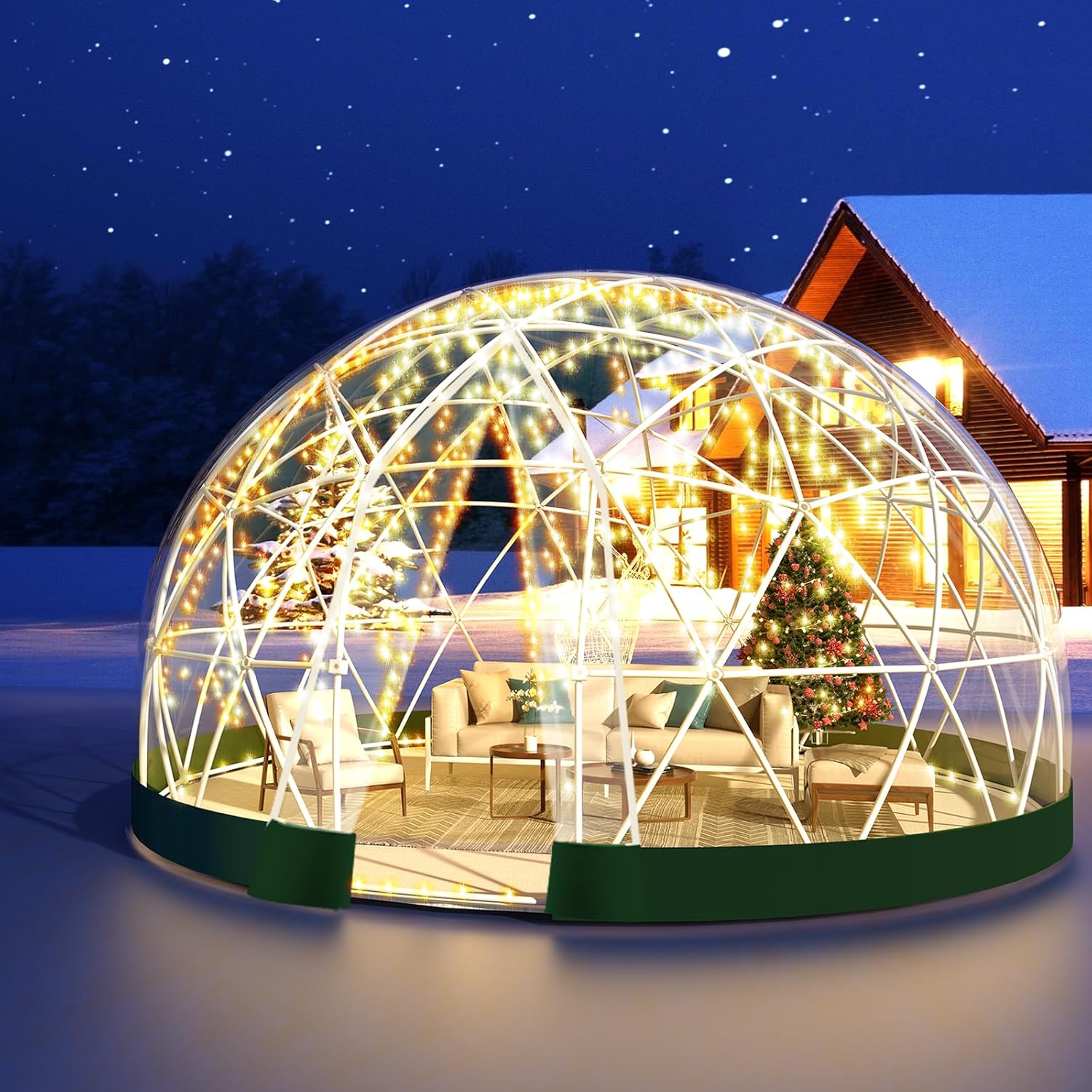 Garden Dome Tent, Geodesic Dome Greenhouse with PVC Clear Cover, Waterproof Garden Bubble Dome Tent House with 2 x 10M Light Strings for Outdoor, Patio, Backyard, Party