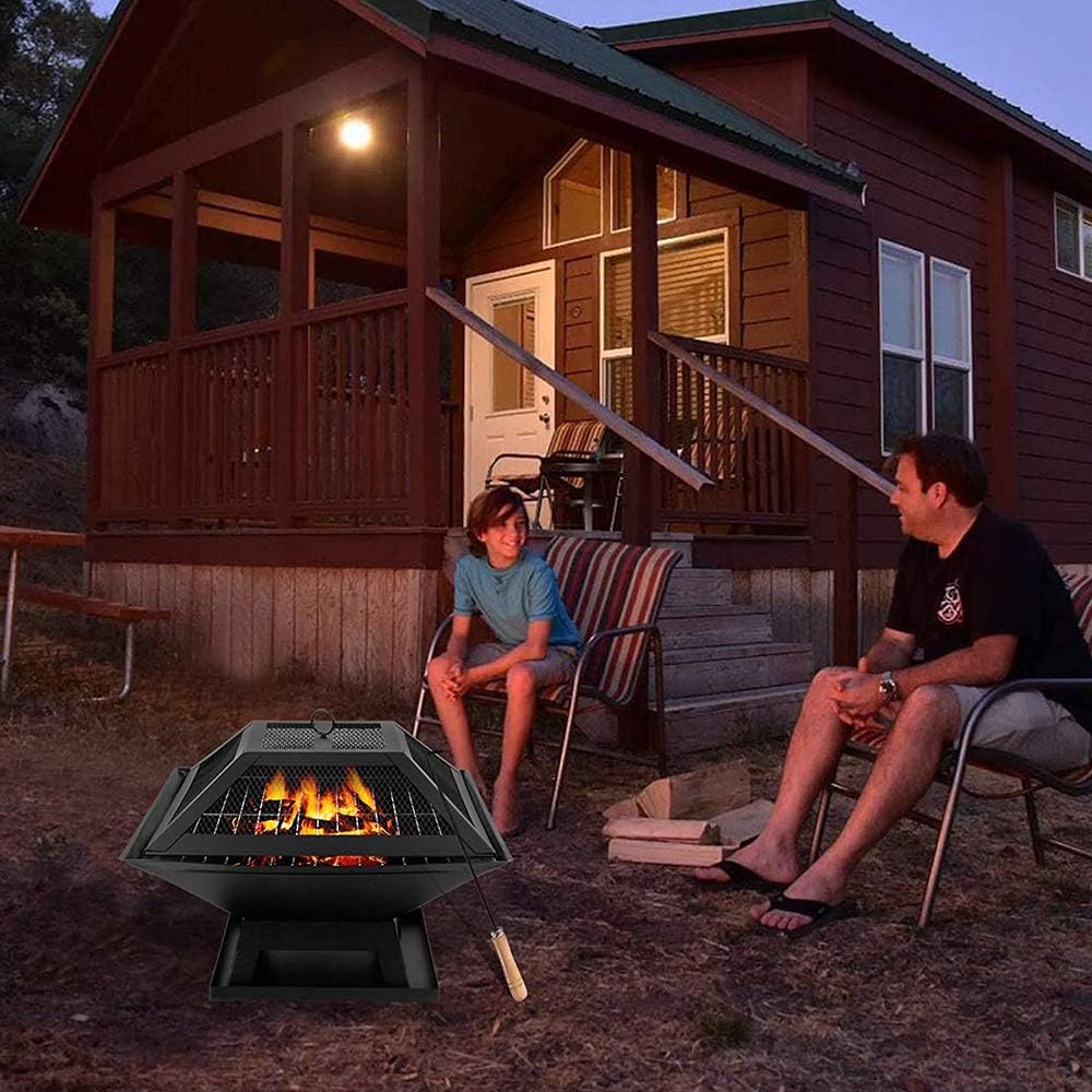 Fire Pit Outdoor Wood Burning Firepit, Steel Fire Pit with Spark Screen Fireplace Poker 18 Inch Firebowl