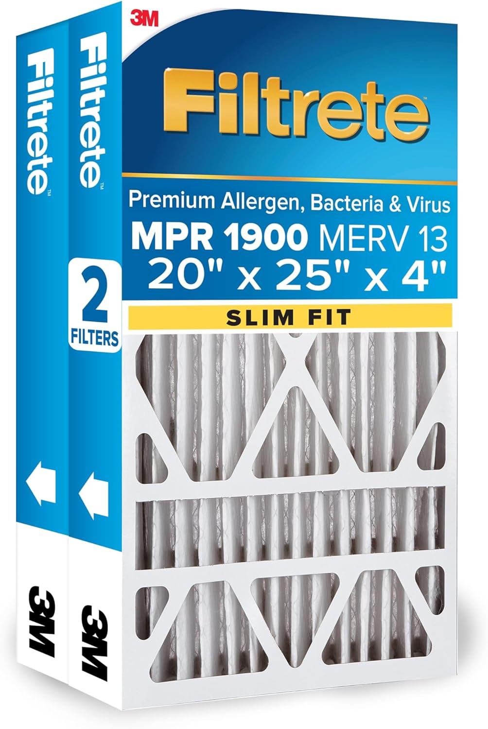 Filtrete 20x25x4 (SlimFit) AC Furnace Air Filter, MERV 13, MPR 1900, Premium Allergen, Bacteria & Virus, Electrostatic Air Cleaning Filter, 2-Pack (Actual Size 19.5x24.5x3.75 in)