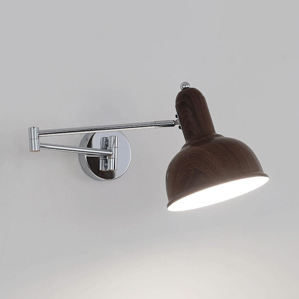 Arm Metal Wall Light Sconce with Wood Grain Finish Shade Adjustable Swing Lamp Antique Chrome Finished Bedroom Reading Lights Industrial Lighting Fixtures 1-Light