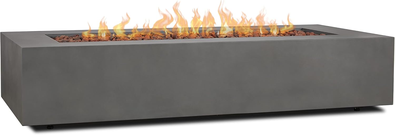 Real Flame Aegean 70in Rectangle Propane or Natural Gas Fire Pit Table, 65,000 BTU, Powder-Coated Steel, Push-Button Ignition, CSA Certified, Lava Rock, Storage Cover, Stainless Steel Burner with Lid