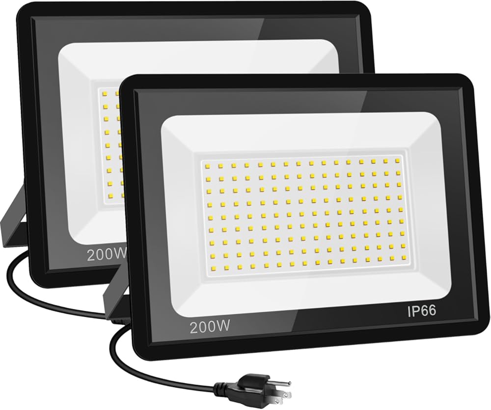 200W LED Flood Lights 2 Pack, 3000K Warm White Security Lights, Outdoor IP66 Waterproof, Backyard Garden Garage