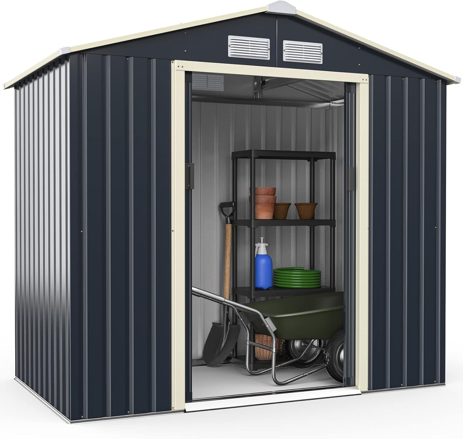 Goplus Storage Shed, Metal 7' X 4' Outdoor Building Organizer with 4 Vents & Double Sliding Door for Garden Backyard Farm (7'X4')