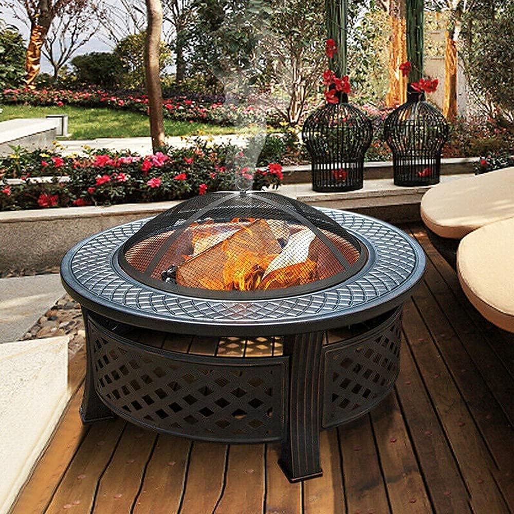 Fire Bowl Outdoor, Round Fire Pit, Wood Burning Pit with Spark Screen and Poker, Waterproof Cover 32Inch for Camping, Outdoor Heating, Bonfire and Picnic