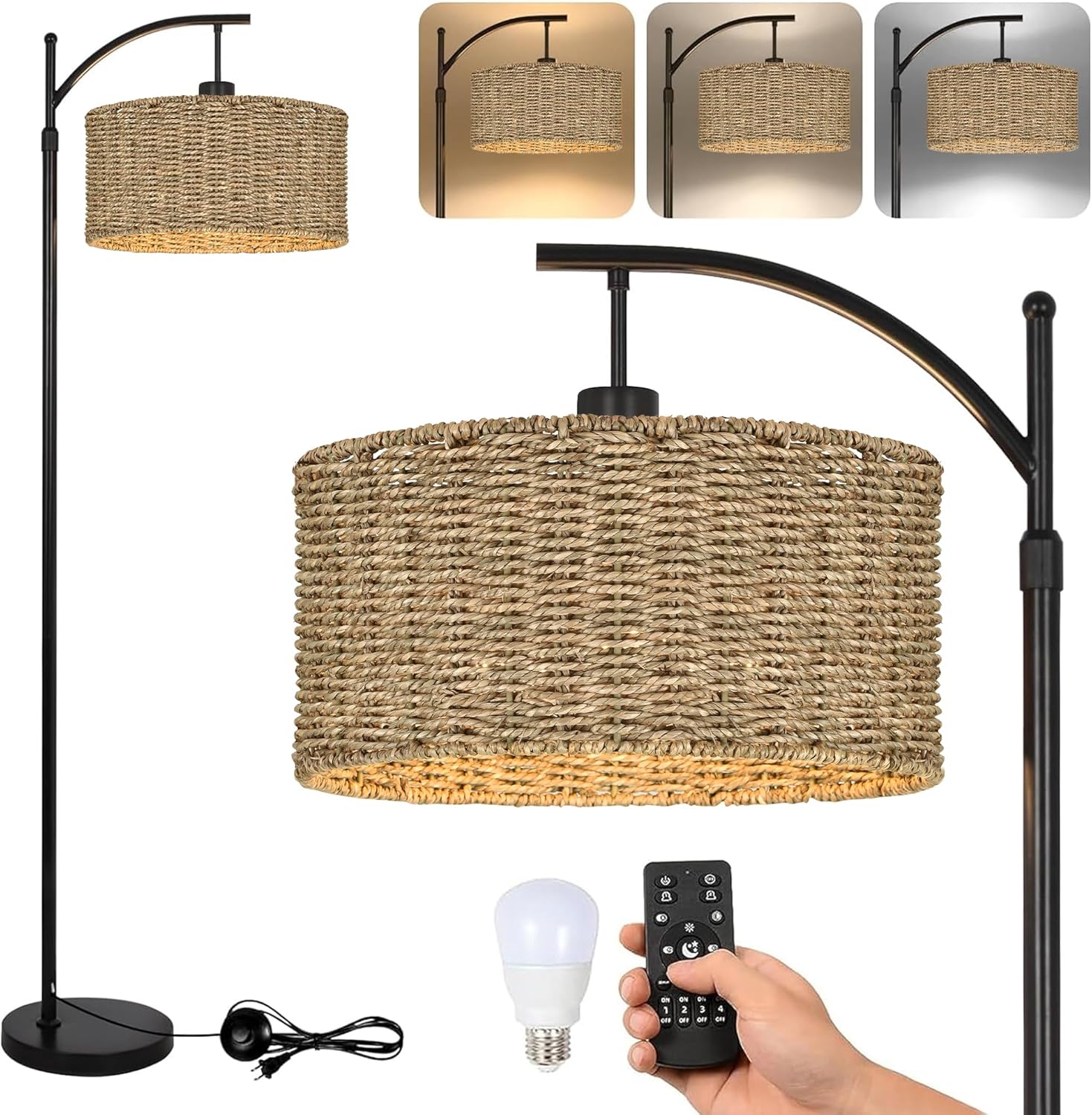Arc Rattan Floor Lamp for Living Room with Remote,Black Floor Lamps with 3 Color Temperature Dimmable Bulb,Farmhouse Boho Standing Lamp with Wicker Shade,Adjustable Tall Lamp for Bedroom Office Corner