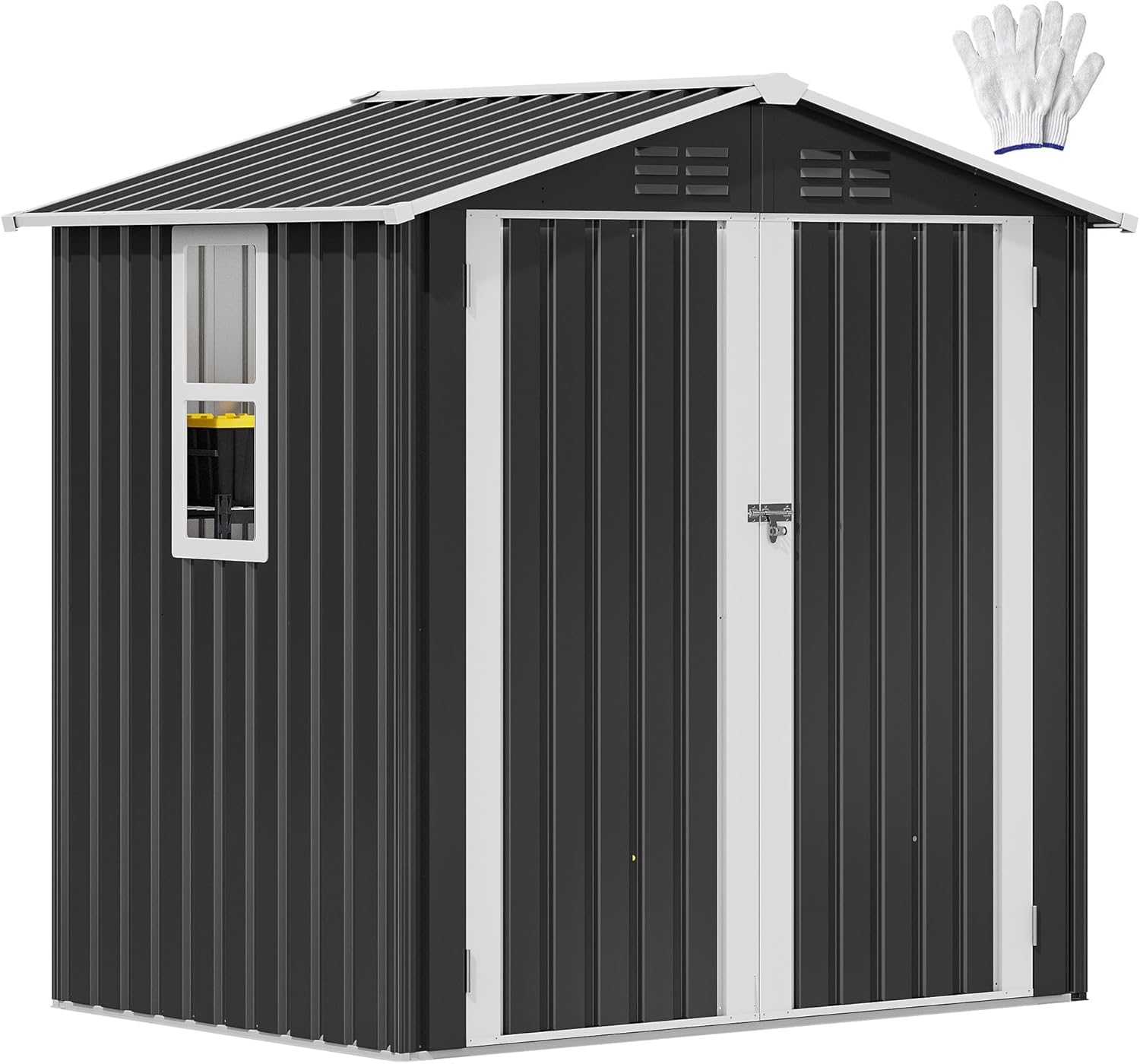 DWVO 6x4ft Outdoor Storage Shed with Window, Metal Lockable Metal Garden Shed with Sloped Roof for Tools, Bikes, Ideal for Backyard, Patio, Garage, Lawn (Gray + White)