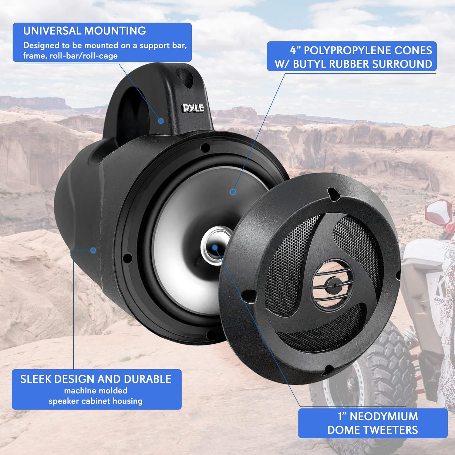 Pyle 2-Way Passive Waterproof Off-Road Speaker System - 4 Inch 900w Peak, Marine Grade Wakeboard Tower Speakers, Full-Range Outdoor Audio Speaker for ATV, UTV, Quad, Jeep, Boat - 1 pair - Black
