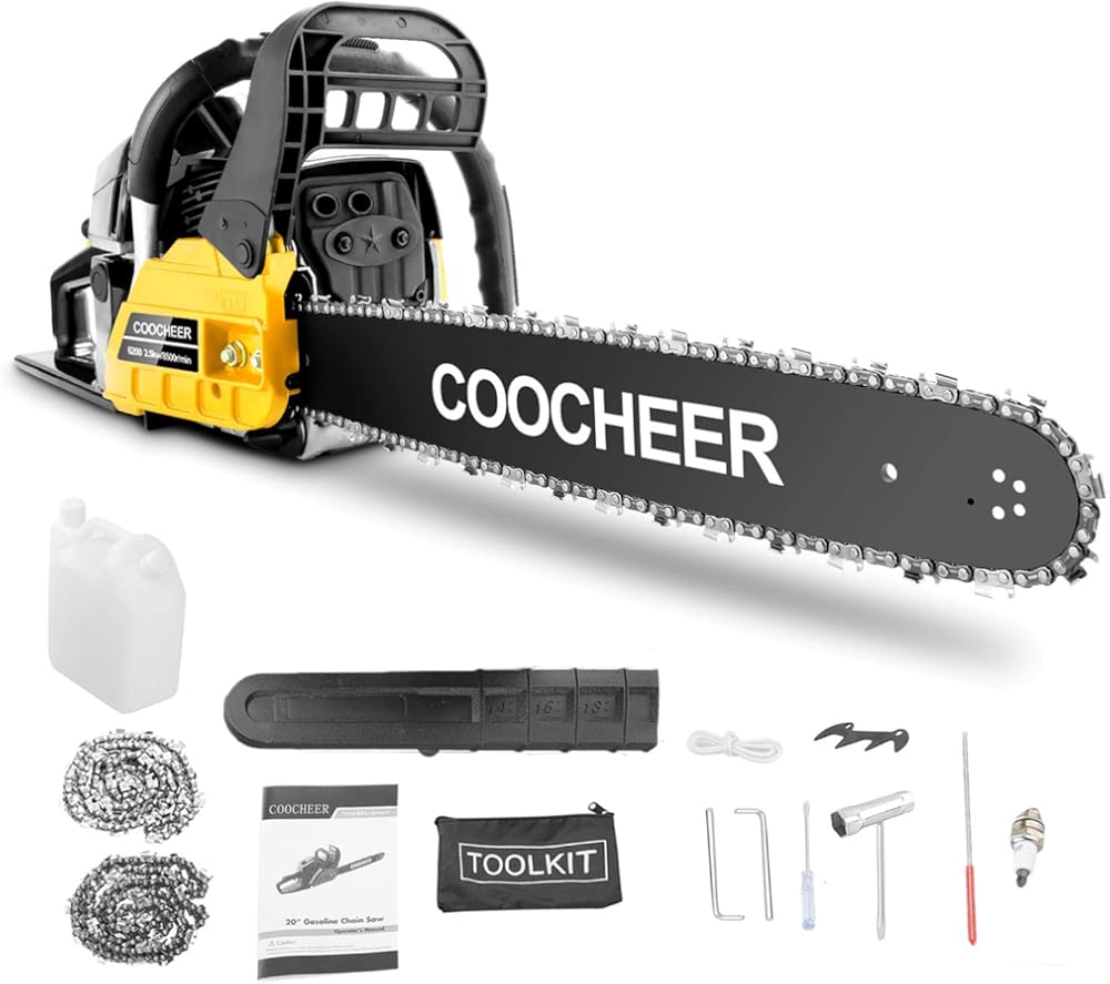 COOCHEER 62CC Gas Powered Chain saws, 20Inch 3.5HP 2-Stroke Gasoline Chain Saw with for Tree Stumps, Limbs, Tree Felling, and Firewood Cutting(Yellow 2022 Updated)