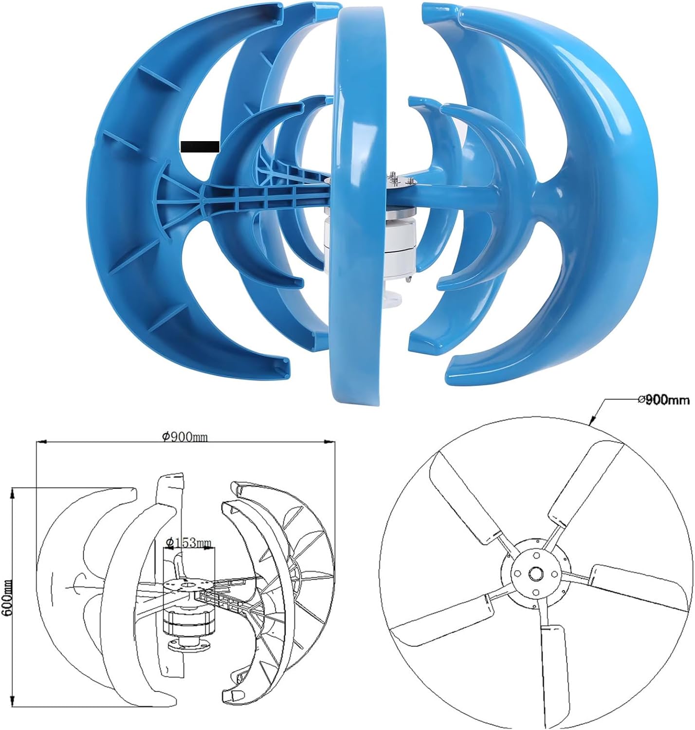 Wind Turbine 5 Blade Wind Vertical Axis Generator Blue Electricity Producer Equipment for Boats Terraces Cabins Or Mobile Houses Charging(Size:300W)