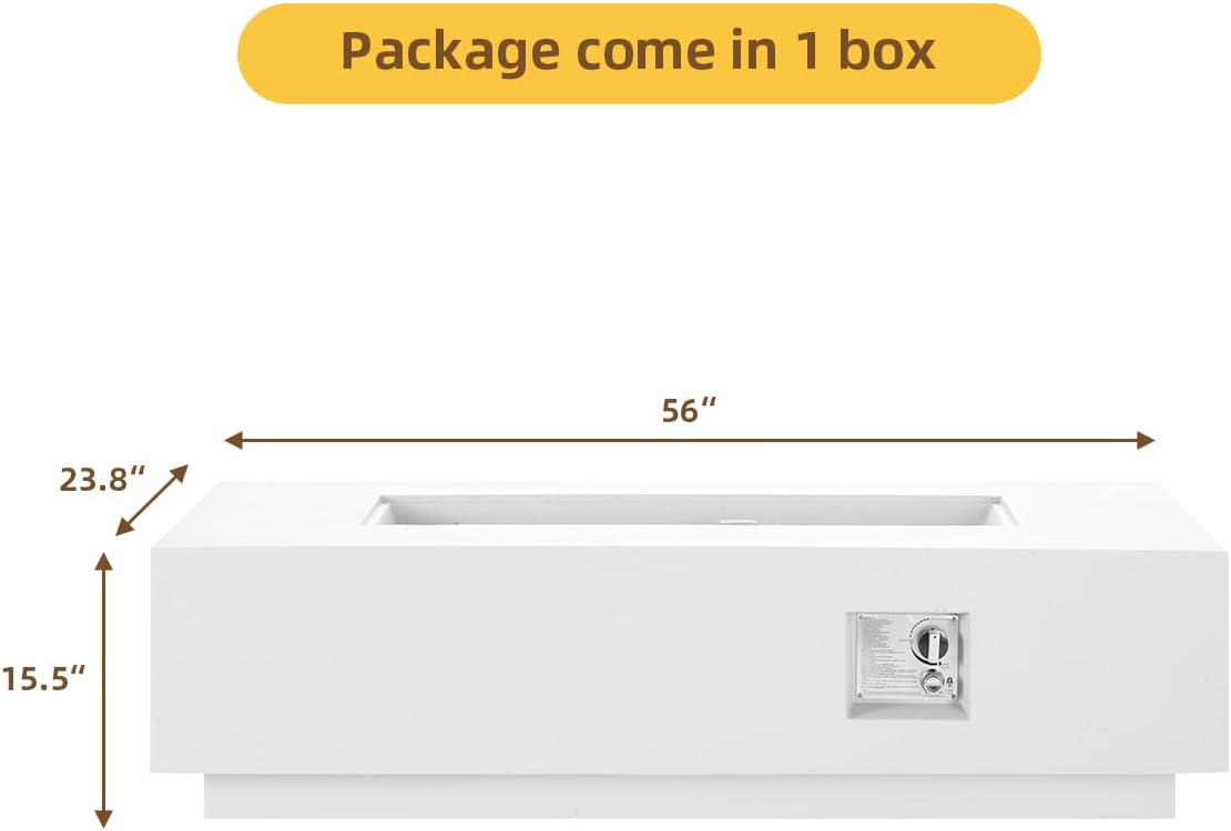 ECOTOUGE 56'' Gas Fire Pit, Outdoor Propane Firepit, Auto-Ignition Rectangle Steel Fire Table, 50,000 BTU Concrete fire Pit w/Weather-Resistant Pit Cover, Lava Rocks,no Tank Holde, White