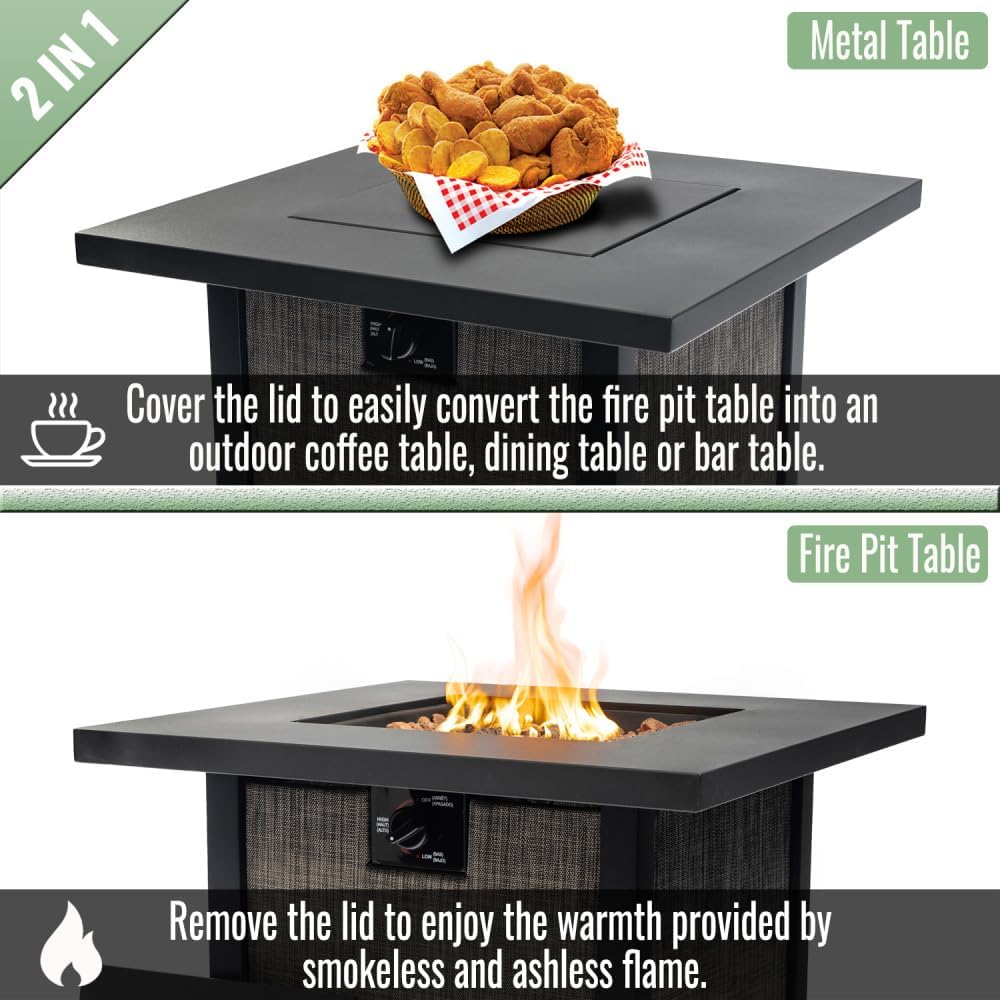 28 Inch Square Propane Fire Pit Table with Lava Rocks and Rain Cover - Steel Outdoor Firepit for Patio, Deck, or Garden