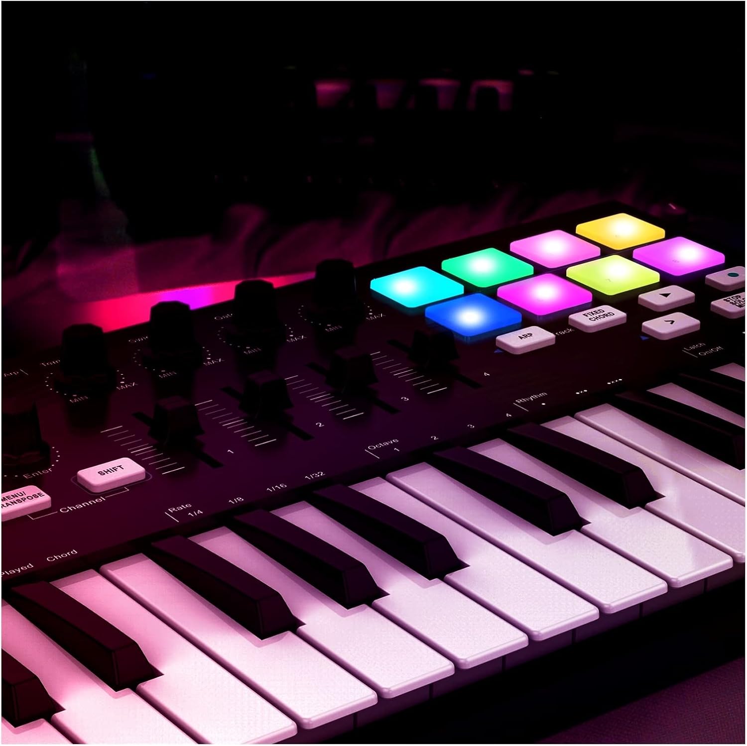 Keyboard Piano 25-Key USB MIDI Keyboard Controller with 8 RGB Backlit Trigger Pads 4 Assignable Control Knobs