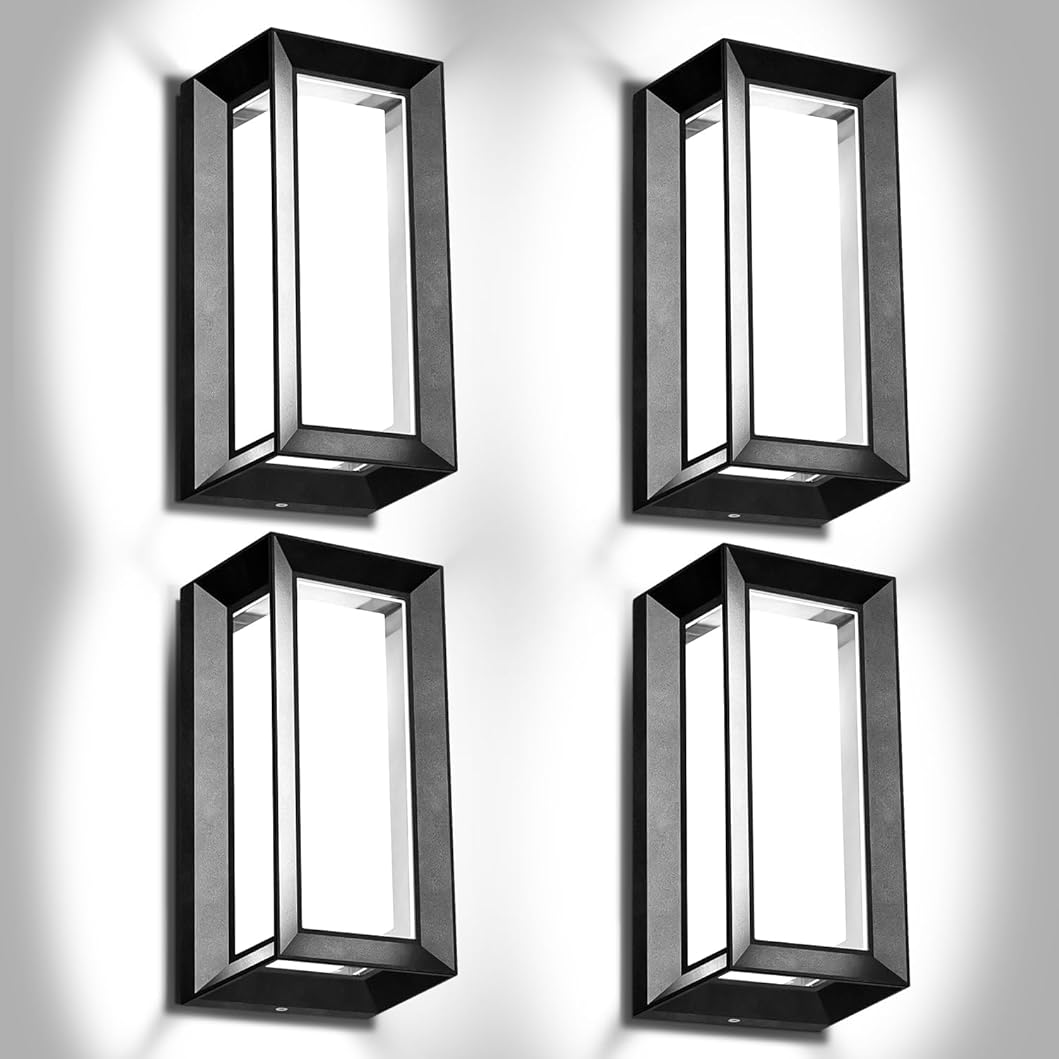 ledmo Outdoor LED Wall Porch Light, 1800LM 6000K Modern Sconce Light Fixture, 18W IP65 Waterproof Anti-Rust Wall Light, Frame Exterior Wall Lights for Patio, Yard, Garage, House, 4 Pack