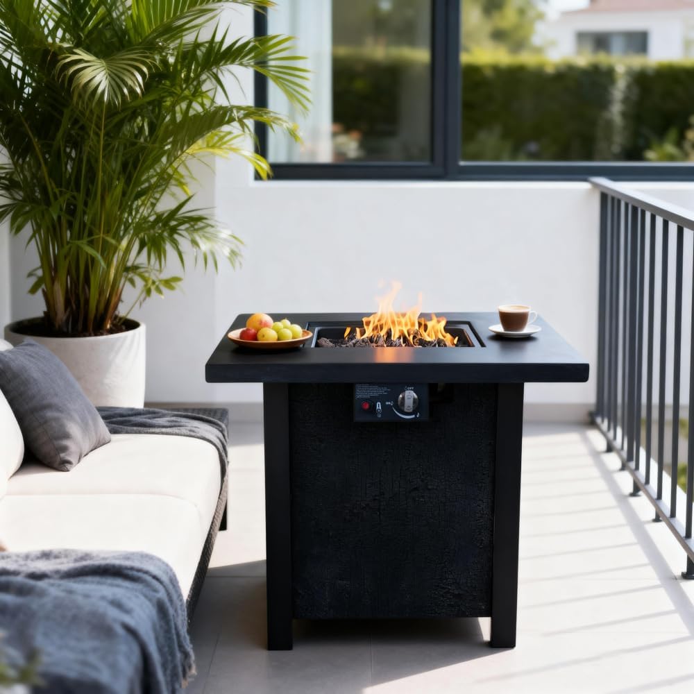 28 Inch Square Outdoor Propane Fire Pit Table with 50000 BTU Heat Output, Fiberglass and Iron Construction for Patio Garden Use