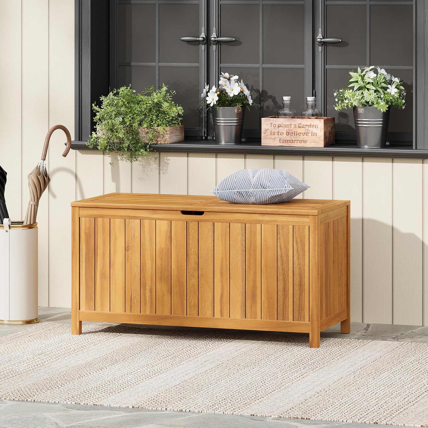 Christopher Knight Home Wood Cabinet Box, Slat Panel Storage Cabinet, Storage Organzier with Easy Open Lid Hinges, Easy Assembly, Outdoor Patio 100 Gallon Acacia Wood Deck Storage Box, Teak