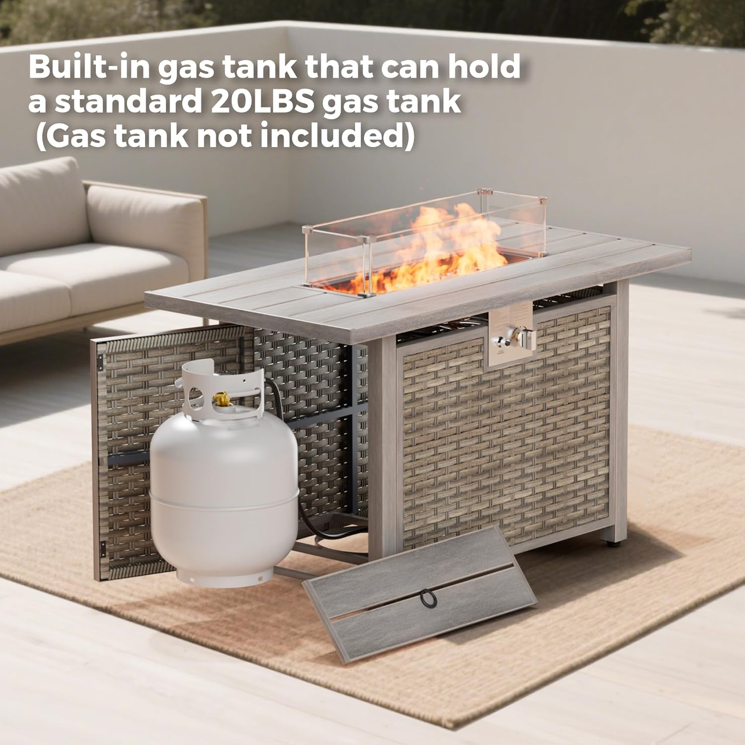 Outdoor Fire Pit Table with 50,000 BTU Output, 43 Inch Premium Gas Fire Pit Tables for Outside Patio, Balcony, Rectangle Propane Fire Pit with Glass Fire Stones (Brown)