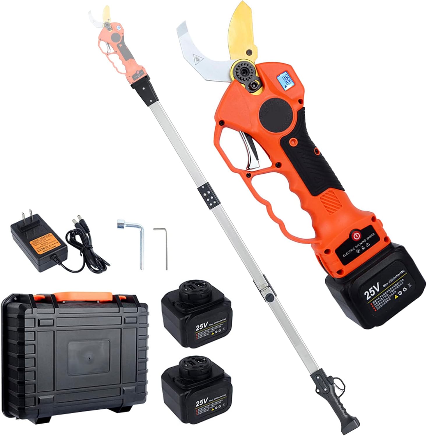 Electric Pruning Shears 40mm Cordless Electric Pruner with 190cm/75in Extension Pole, 25V Branch Cutter Battery Powered for Tree Trimming with LCD Screen, 2 PCS Rechargeable Batteries