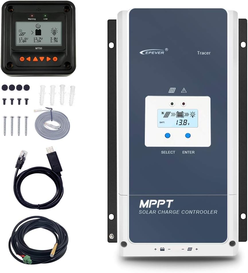 EPEVER 100A MPPT Solar Charge Controller 12V/24V/36V/48V Auto Max 150V Input Negative Ground Solar Panel Charge Regulator with MT50 Remote Meter Temperature Sensor RTS & PC Communication Cable RS485