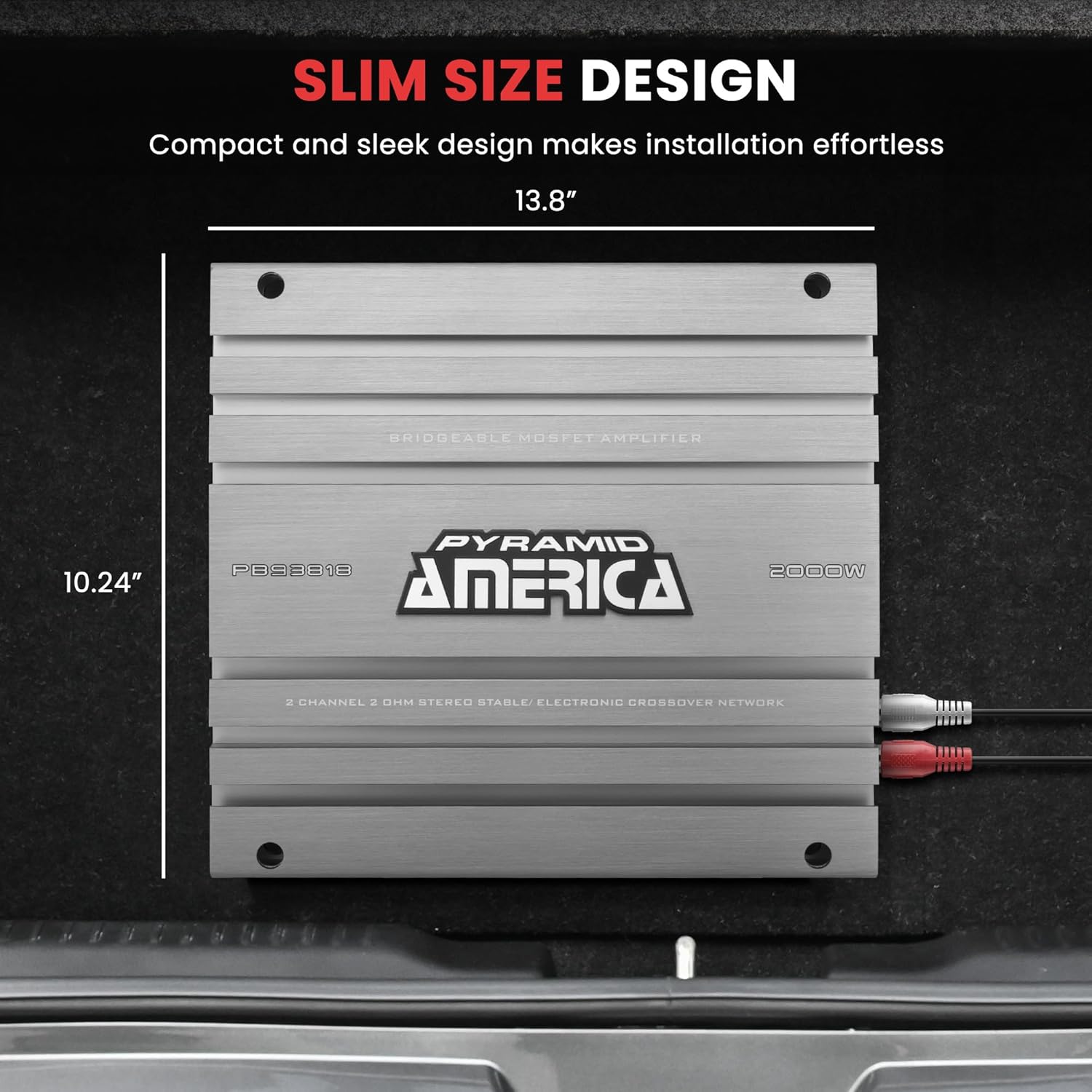 Pyramid 2 Channel Car Stereo Amplifier - 5000W High Power 2-Channel Bridgeable Audio Sound Auto Small Speaker Amp Box w/MOSFET, Crossover, Bass Boost Control, Silver Plated RCA Input Output - PB3818