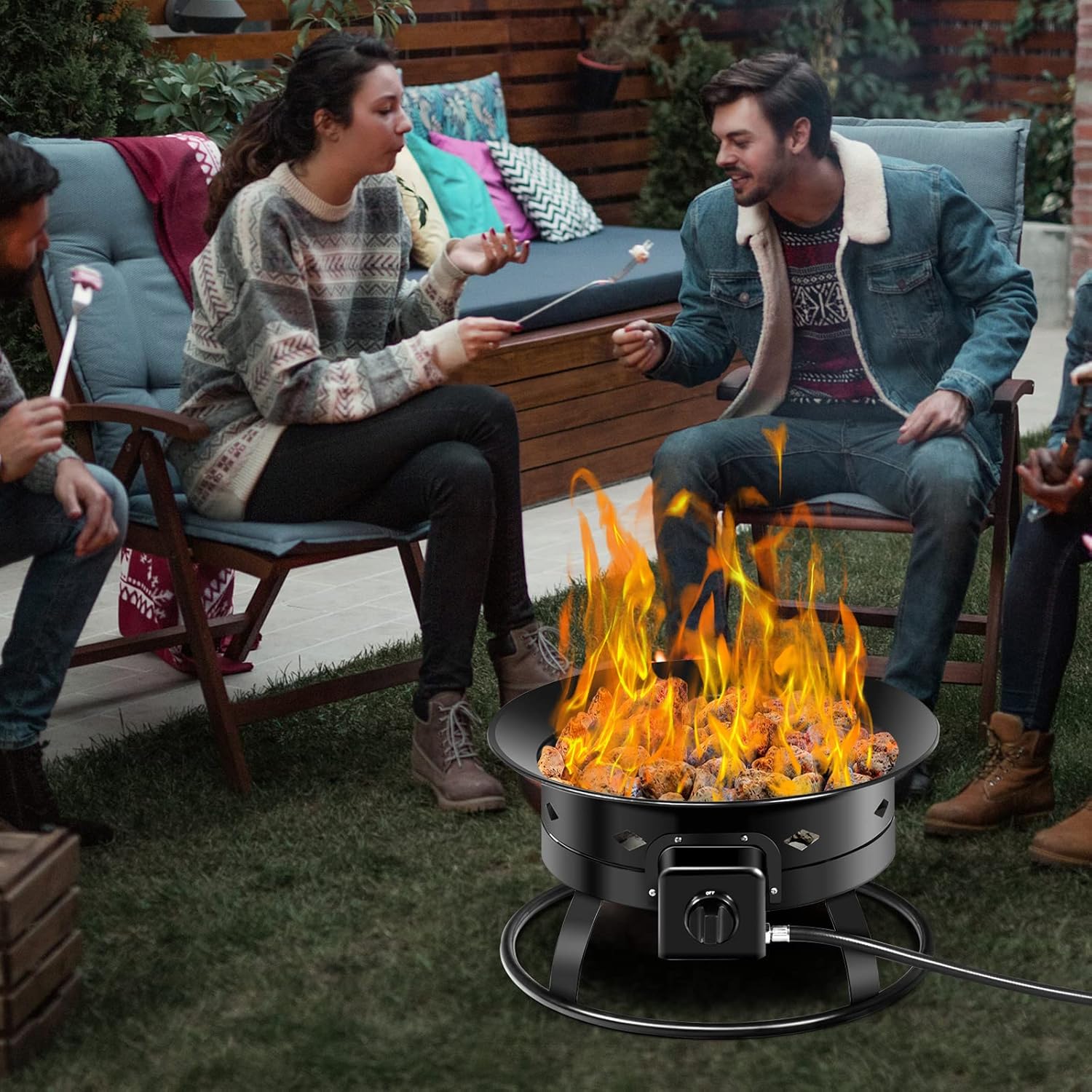 Tangkula Outdoor Portable Propane Gas Fire Pit, 58,000 BTU Gas Fire Pit with Cover, Carry Strap & Lava Rocks, 19 Inch Outdoor Firebowl with Propane Gas Hose & Tank Secure Ring for Camping, Backyard
