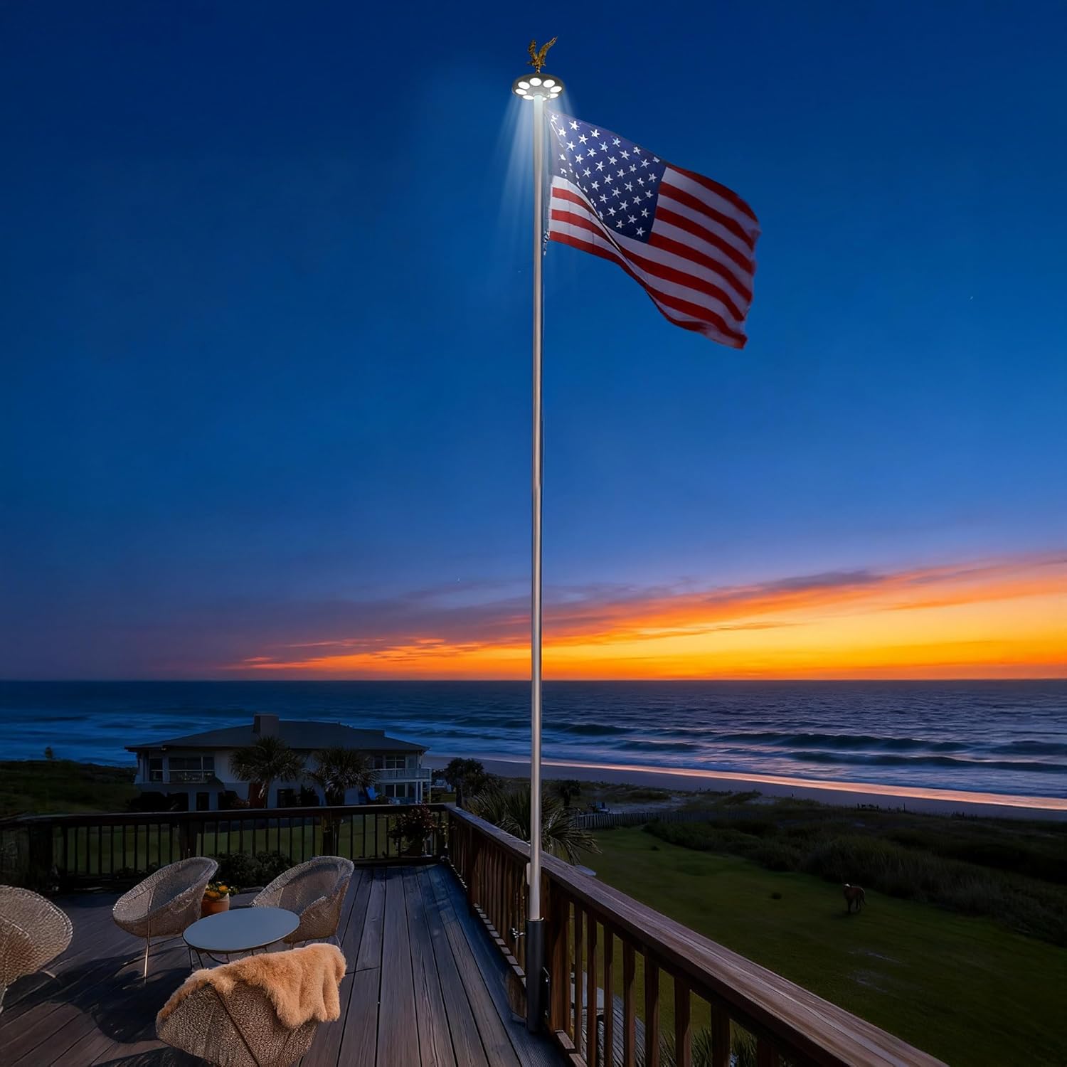 Yescom Bravery MEGA 25 Ft Flag Pole Kit with Solar Light & Deck Mount for Outside House 13 Gauge Heavy Duty Aluminum Sectional Inground Flagpole for High Wind Outdoor Patio Dock Side Silver