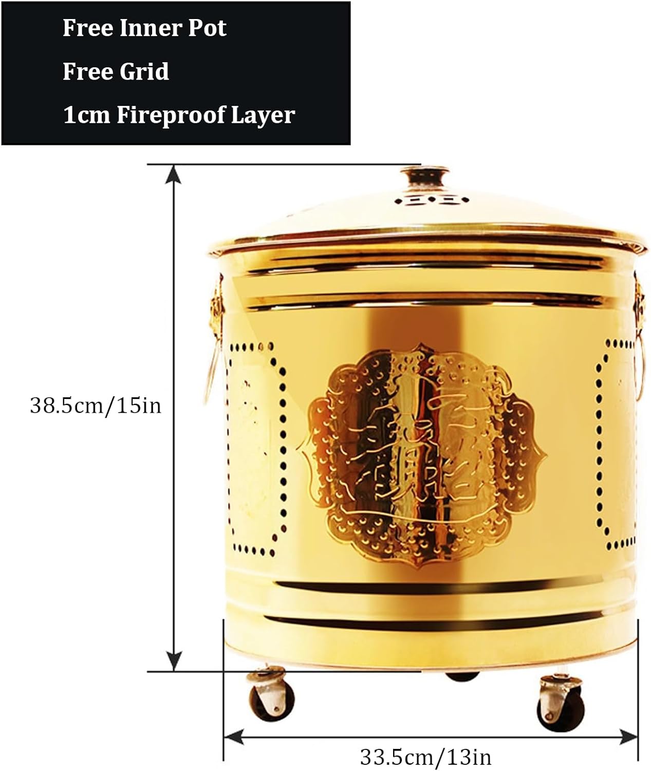 Stainless Steel Incinerator,Garden Incinerator with Wheels,Burn Barrels for Outside for Burning Trash,Fire Pit for Yard Patio and Backyard(33.5cm/13in, Gold)