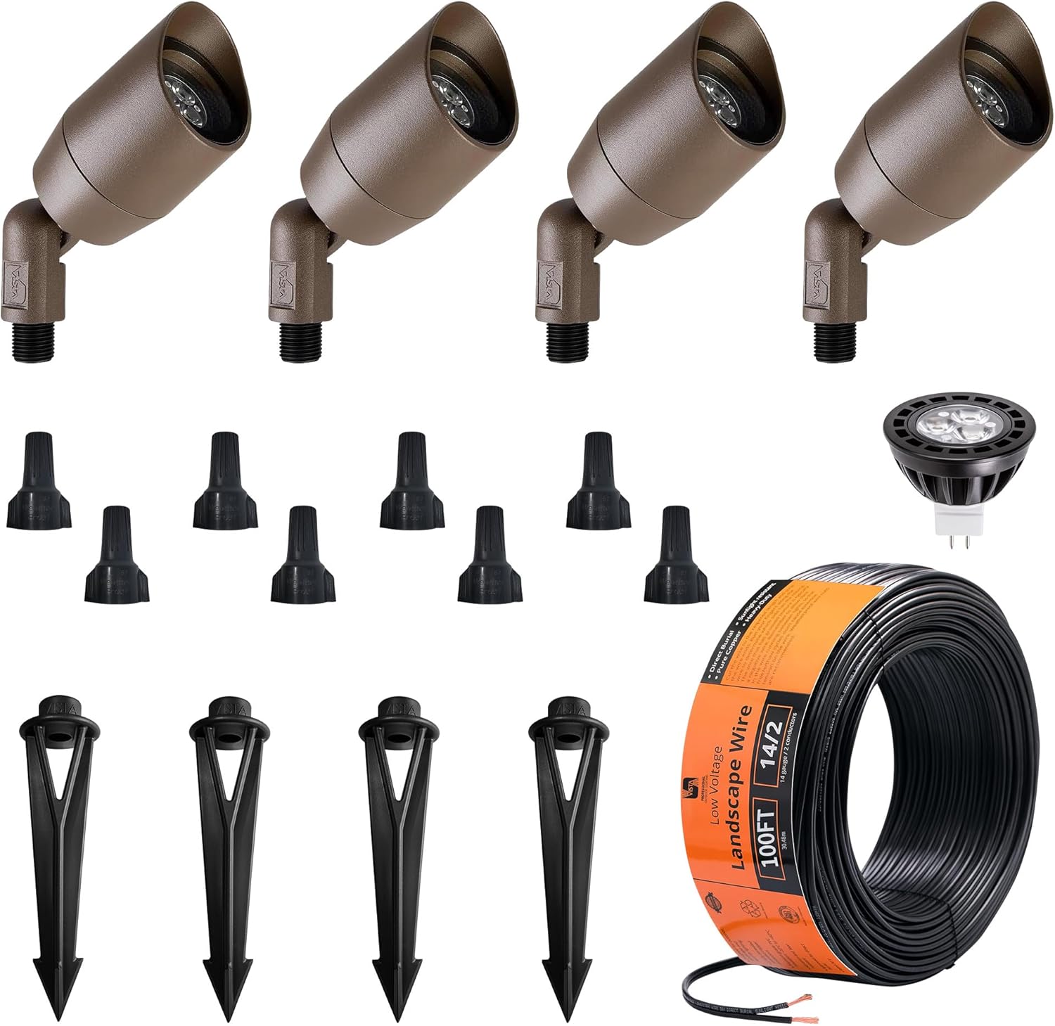 VISTA 4 Pack Cast Aluminum Landscape Spotlights, Low Voltage Landscape Lighting, 100FT 14/2 Landscape Wire, Spot Lights Outdoor with 4.5W MR16 LED Bulb for Yard, Garden, Lawn, Tree (Bronze)