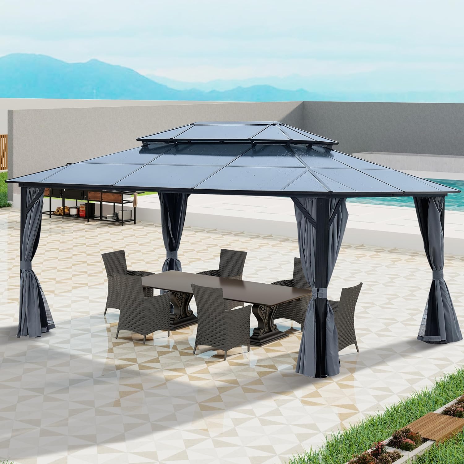 GOWE 12' x 16' Gazebo Polycarbonate Double Roof Canopy Outdoor Aluminum Frame Pergola, Permanent Pavilion with Netting and Curtains for Garden Patio Lawns Parties