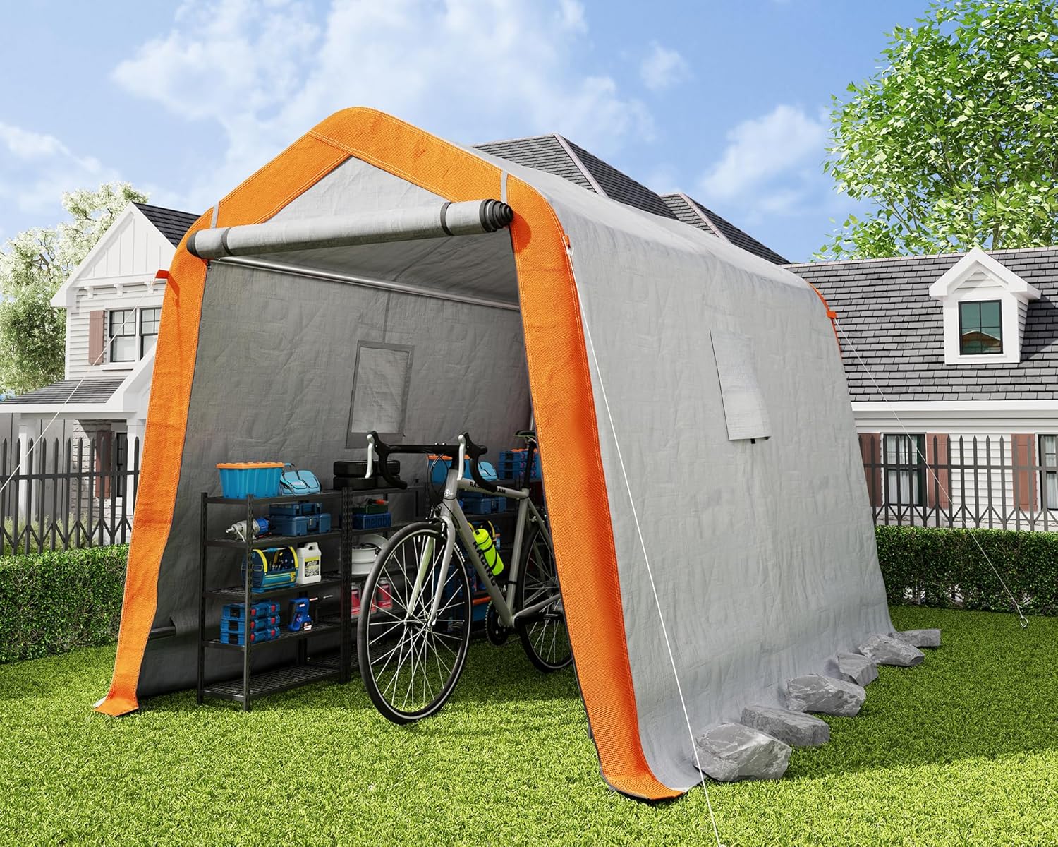 AMERLIFE 6x8x6.6 FT Heavy Duty Portable Shed Storage Shelter, Outdoor Storage Shed with 2 Waterproof Windows & Roll-Up Zipper Door, Carport for Motorcycle, Bike, Gray